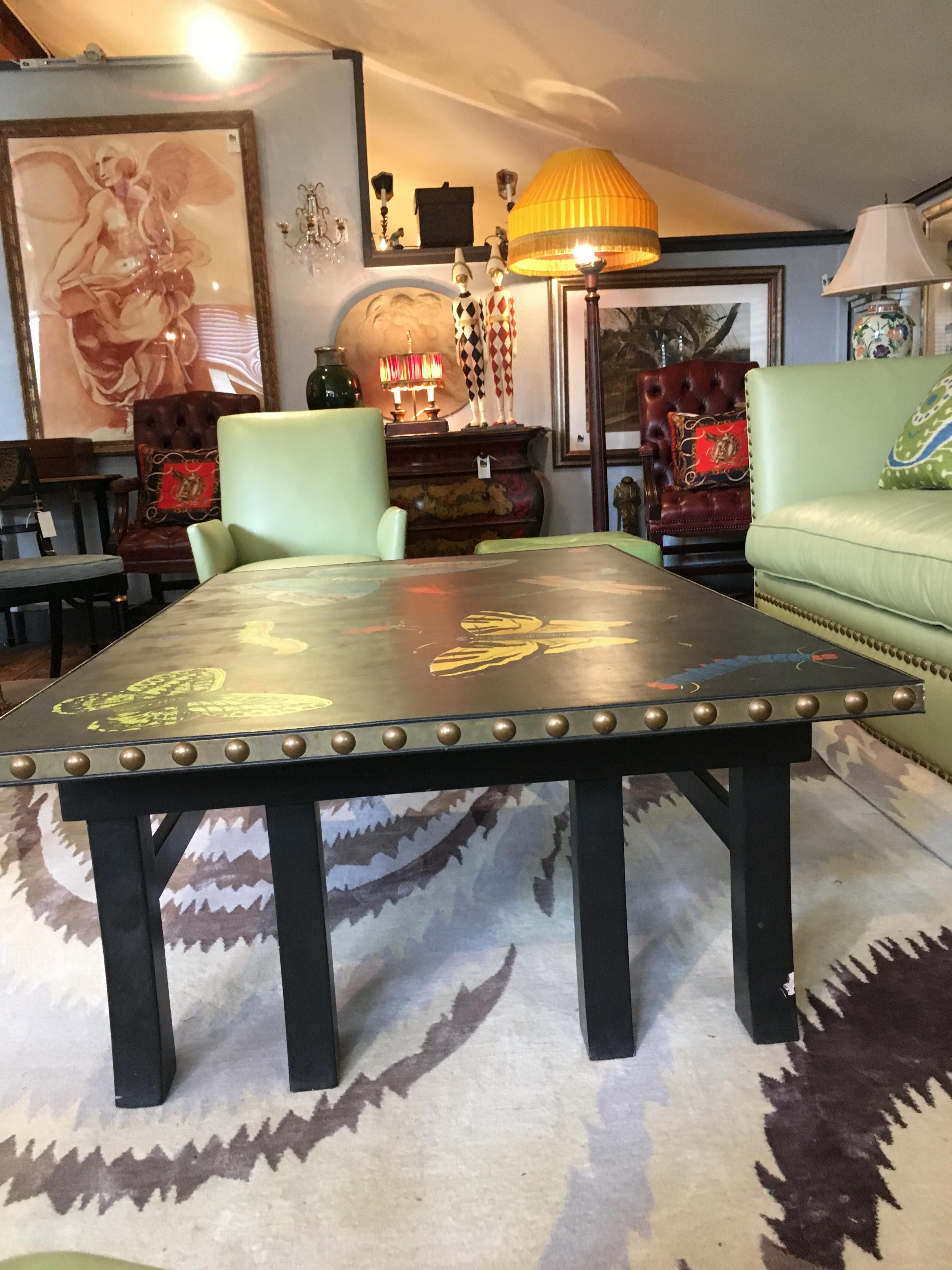 Hand Painted Contemporary Rectangular Coffee Table with Insects and Butterflies 3