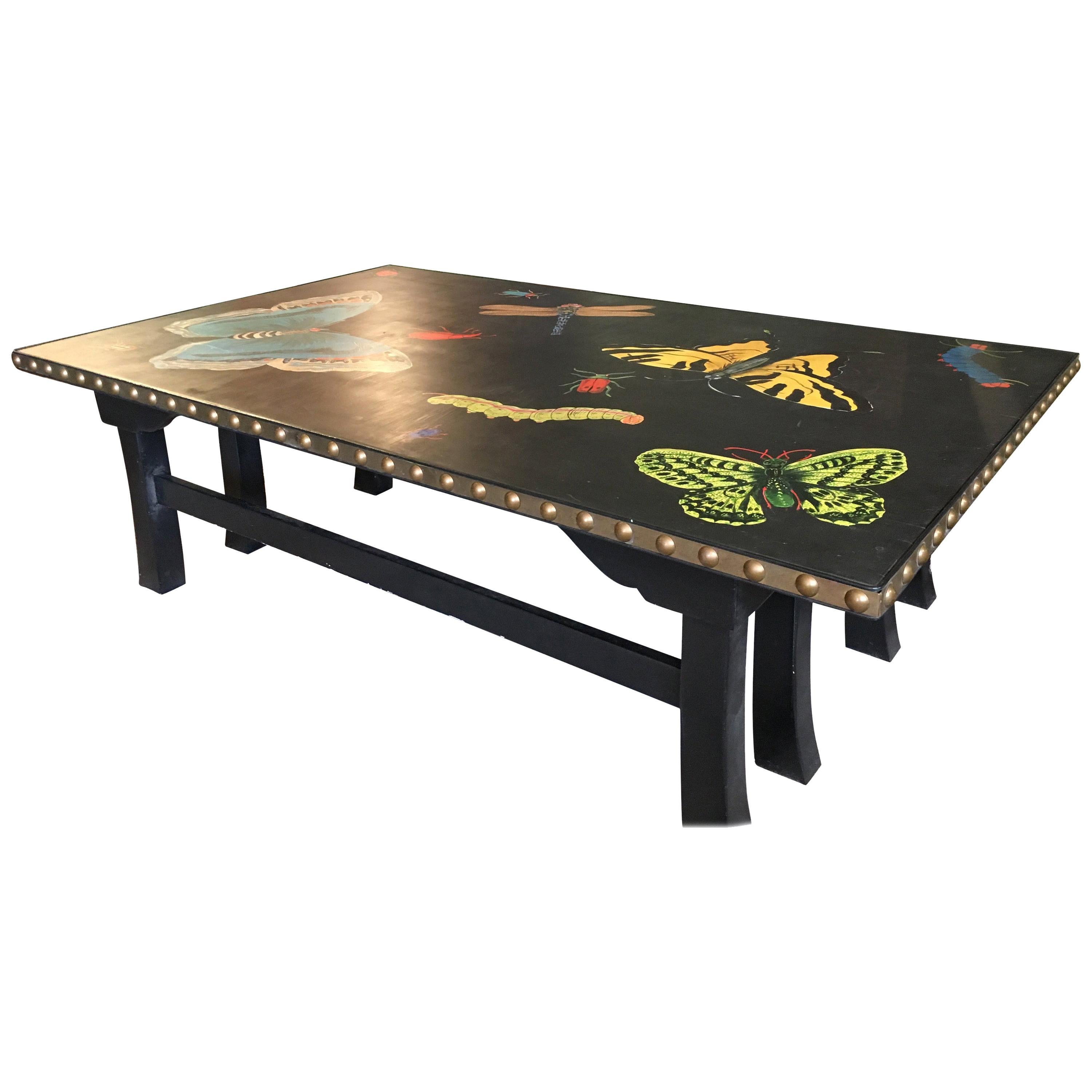 Hand Painted Contemporary Rectangular Coffee Table with Insects and Butterflies