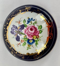 A. Sèvres Hand Painted Covered Porcelain Box in Cobalt Blue with Floral Motif