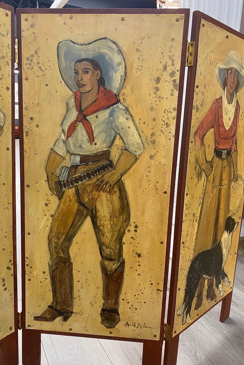 Coveted hand painted four panel screen adorned with western cowgirl images, all original and signed by the artist (signature attached, hard to decipher). Done on metal with oil paint and supported by wood. Great scale and details.