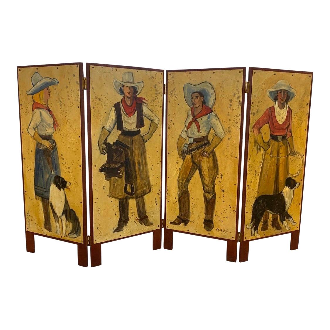 Hand Painted Cowgirl Western Room Divider Screen Four-Panel Adirondack Cabin