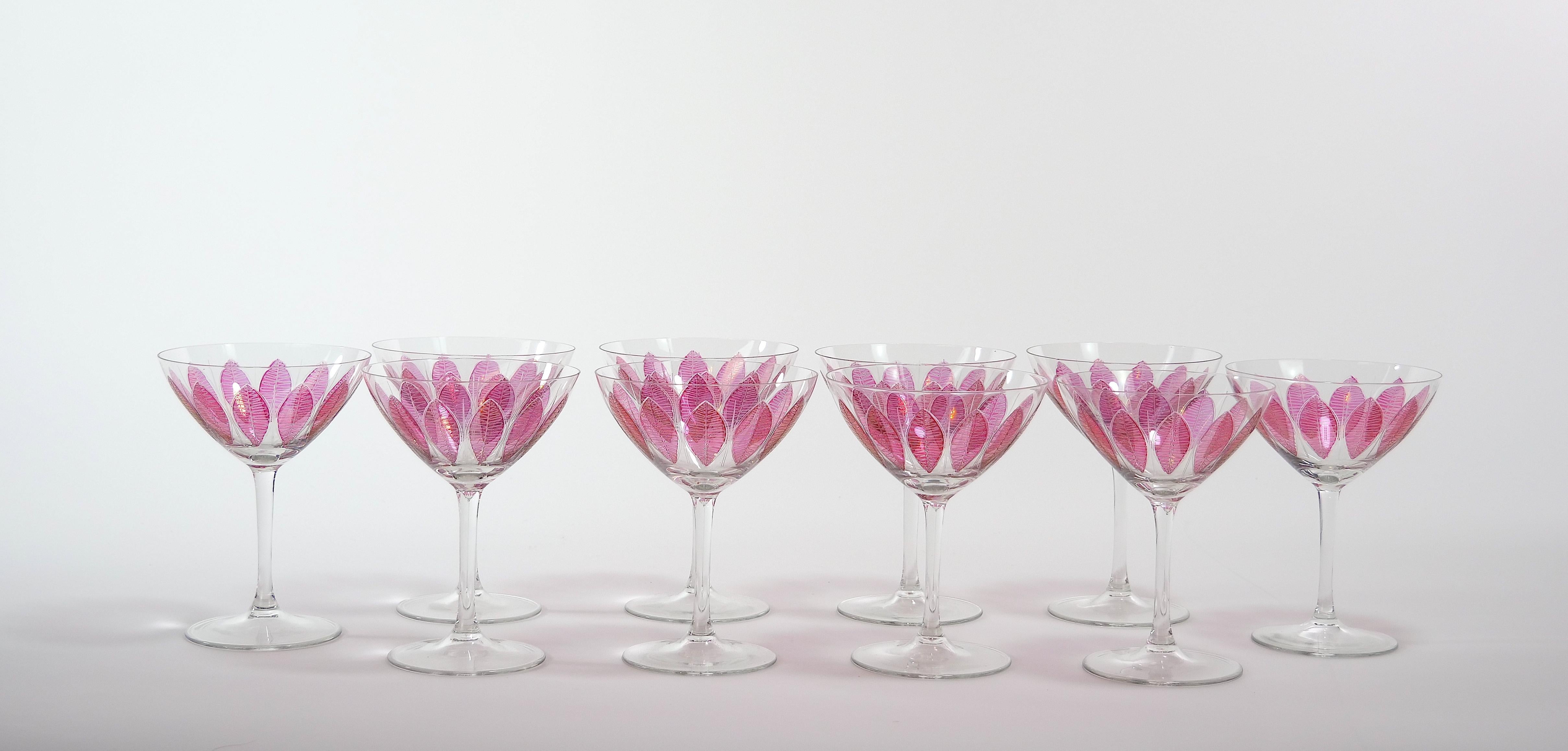 Hand Painted Crystal Champagne Coupe Service / Ten People For Sale 6