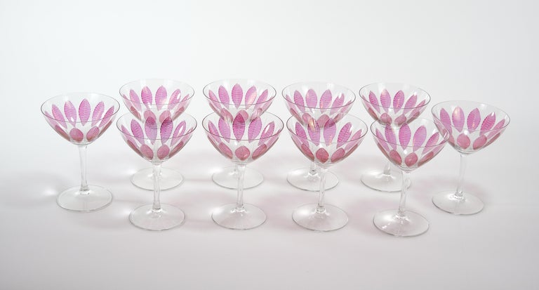 Italian Hand Painted Crystal Champagne Coupe Service / Ten People For Sale