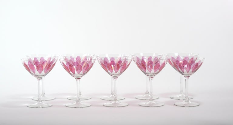 Gilt Hand Painted Crystal Champagne Coupe Service / Ten People For Sale