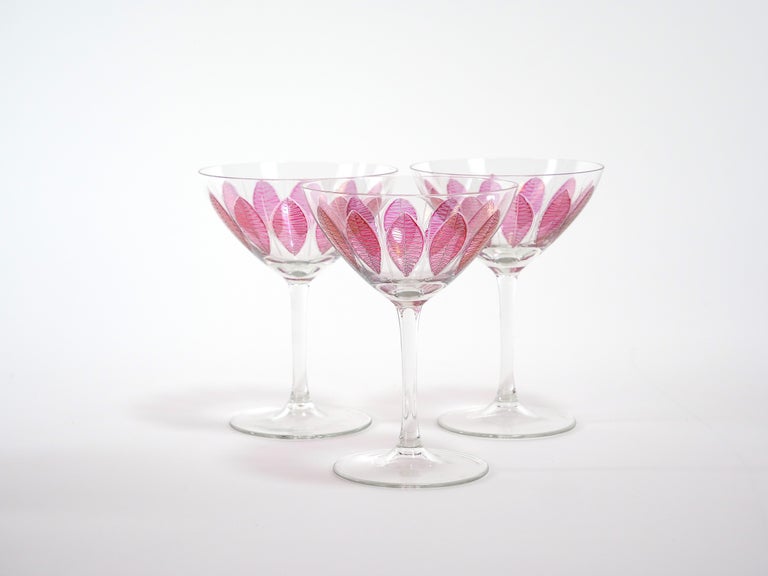 Mid-20th Century Hand Painted Crystal Champagne Coupe Service / Ten People For Sale