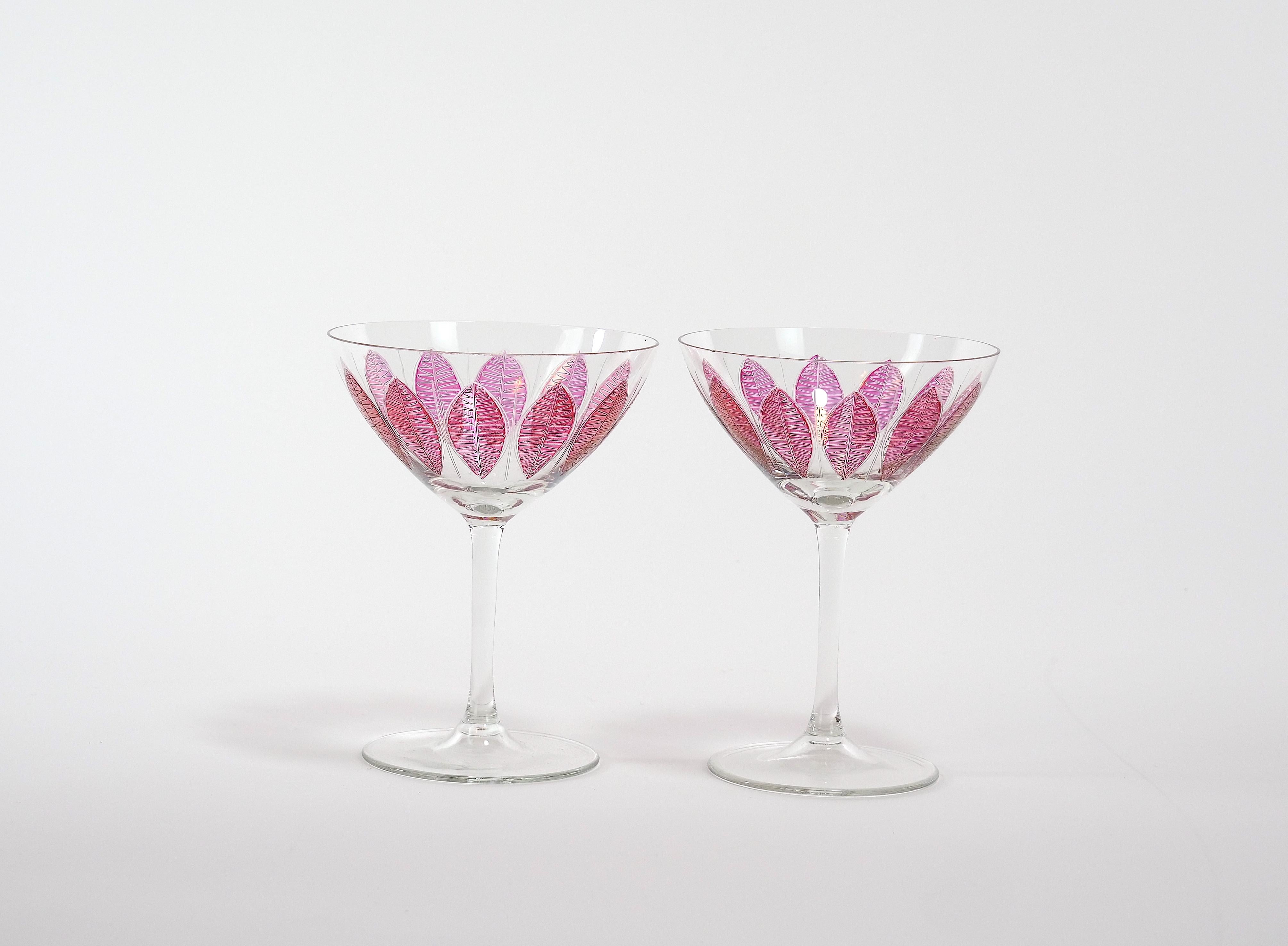 Hand Painted Crystal Champagne Coupe Service / Ten People In Good Condition For Sale In Tarry Town, NY