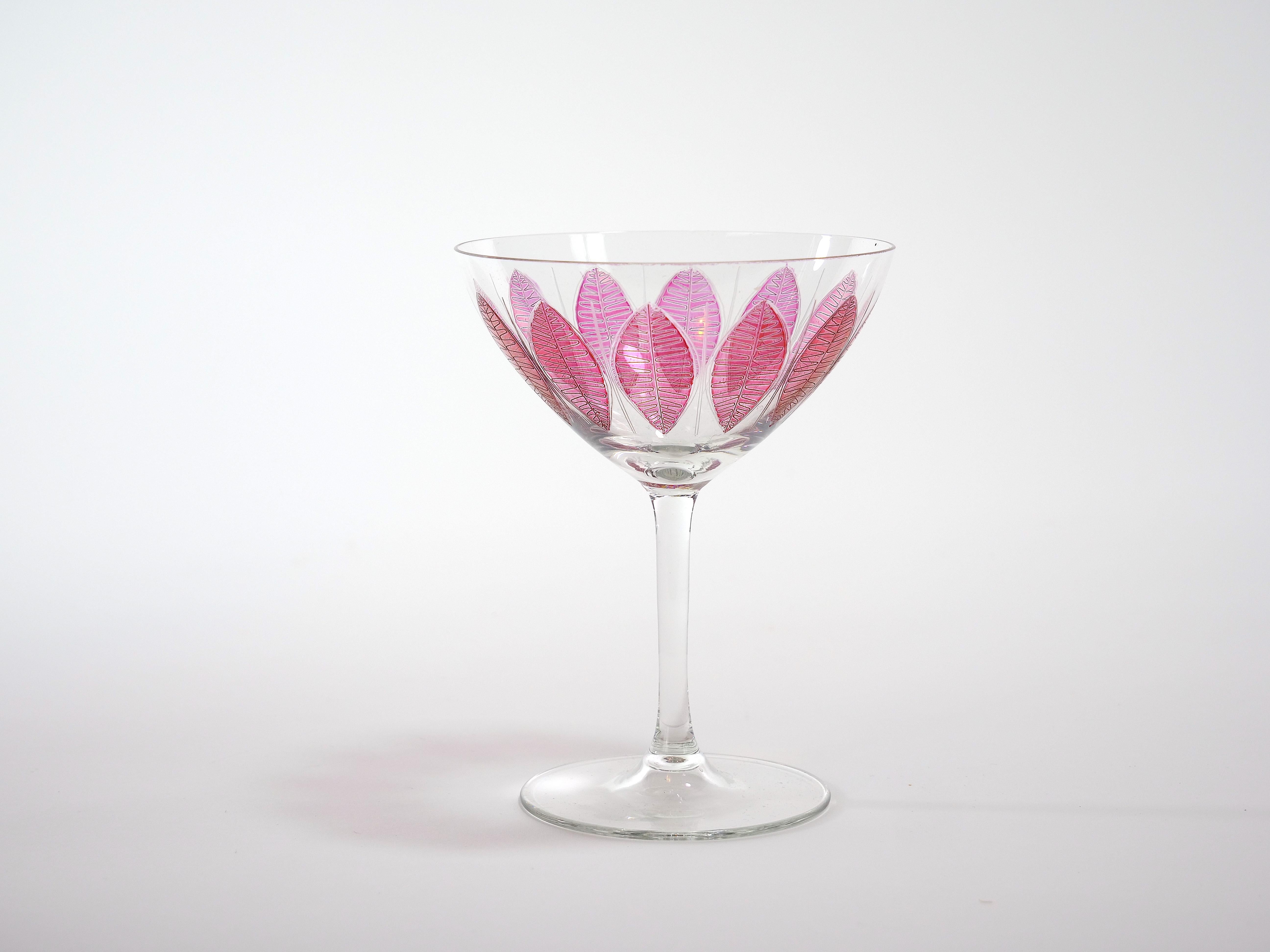 Mid-20th Century Hand Painted Crystal Champagne Coupe Service / Ten People For Sale