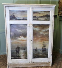 Hand Painted Cupboard, 4 Oil Seascape Paintings