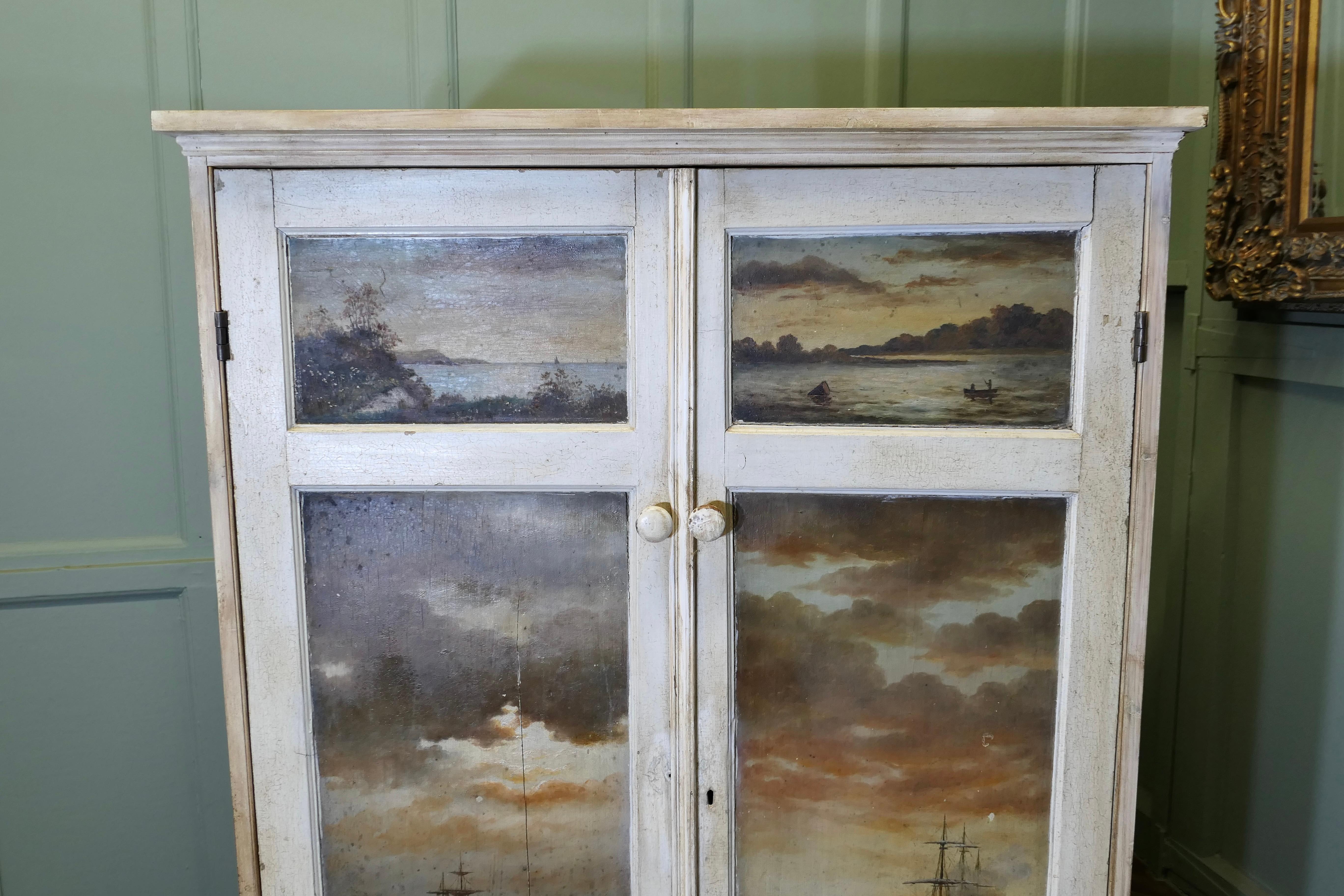 Handgemalter Schrank, 4 Ölgemälde mit Meeresmotiven (Beaux Arts) im Angebot