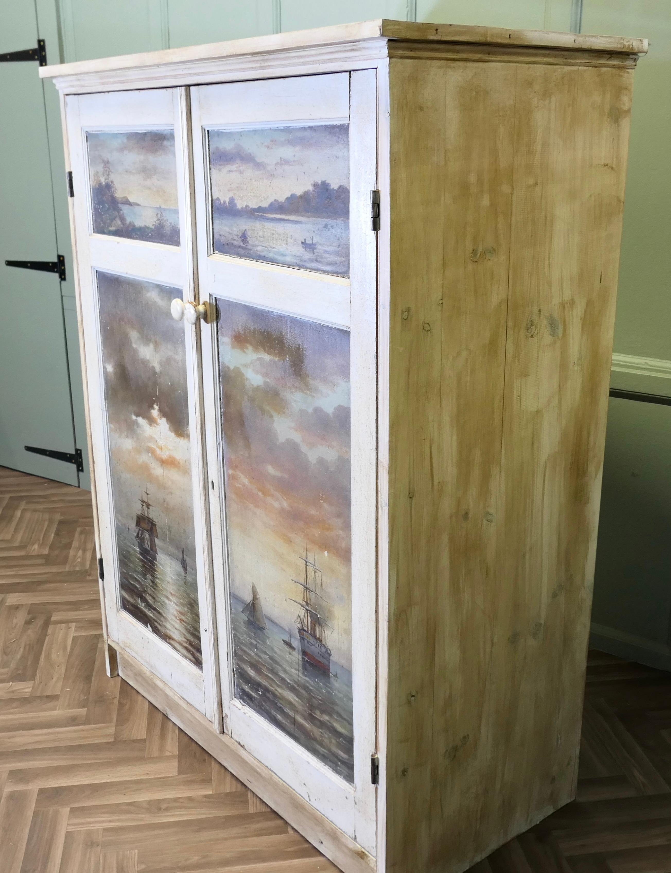 Handgemalter Schrank, 4 Ölgemälde mit Meeresmotiven im Angebot 1