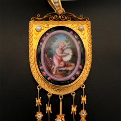 Hand Painted Cupid Diamond and Pearl Gold Victorian Pendant Necklace