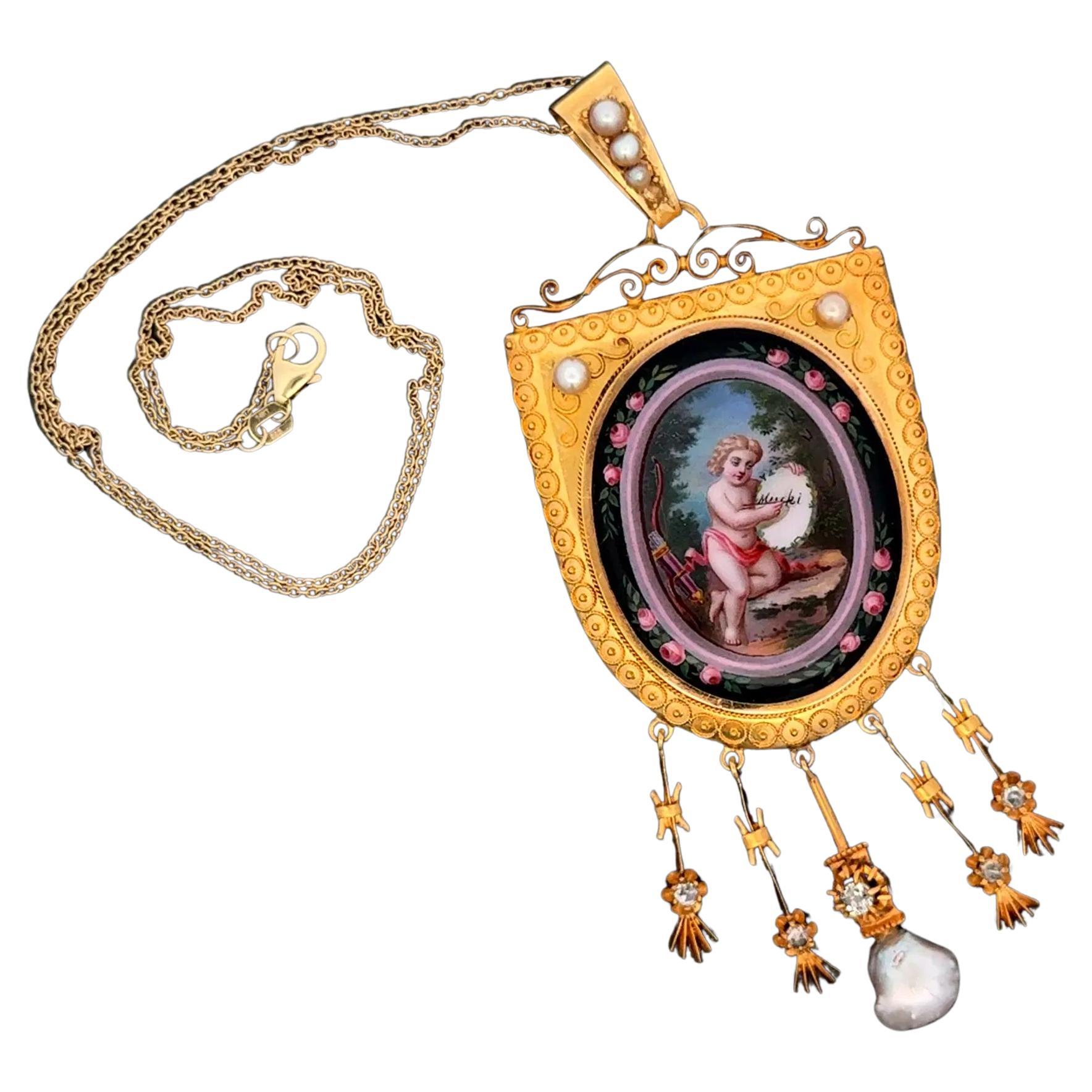 Collier pendentif victorien Cupidon en or, diamants et perles, peint à la main