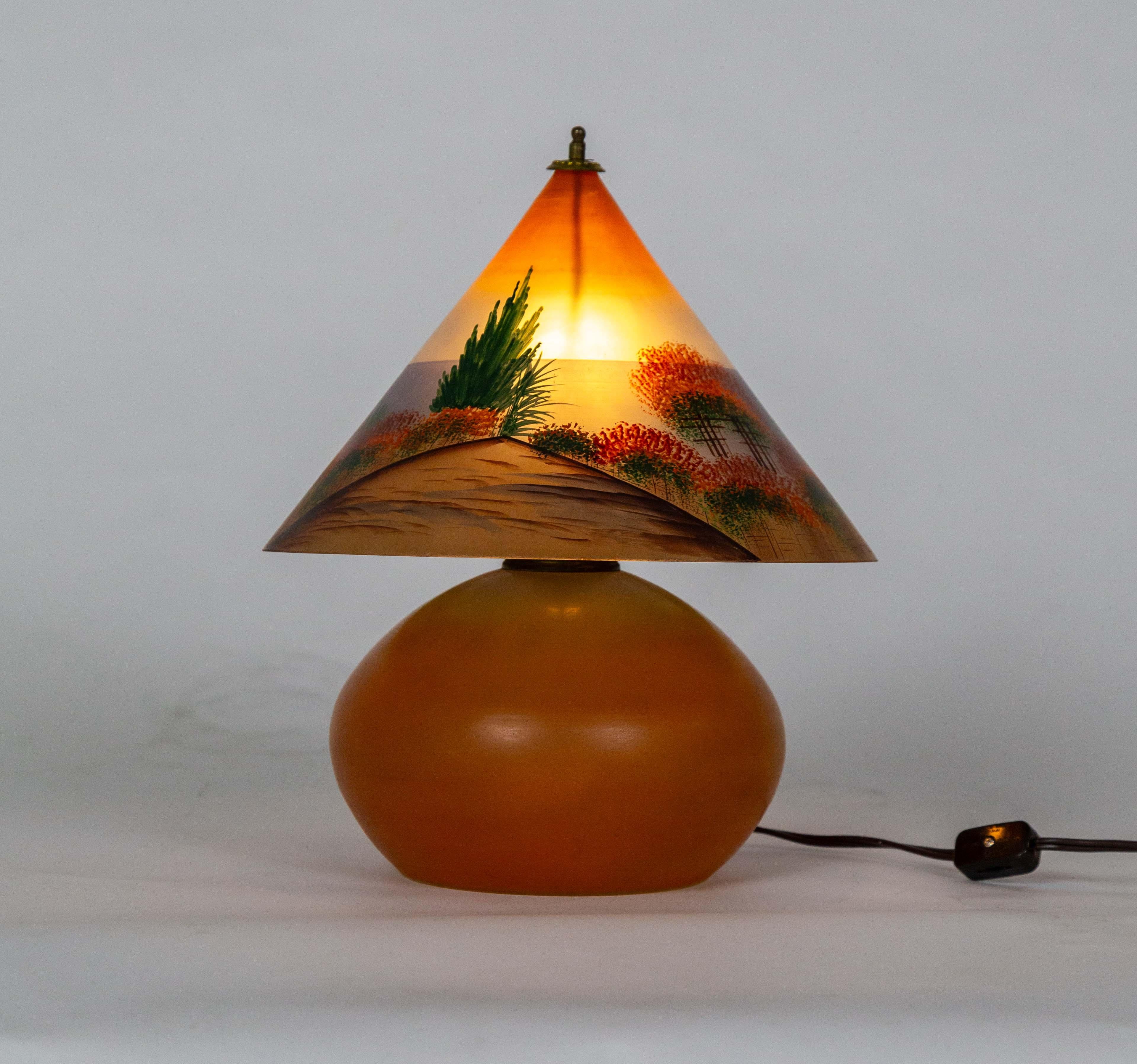 Arts and Crafts Hand-painted Czechoslovakian Glass Arts & Crafts Lamp For Sale