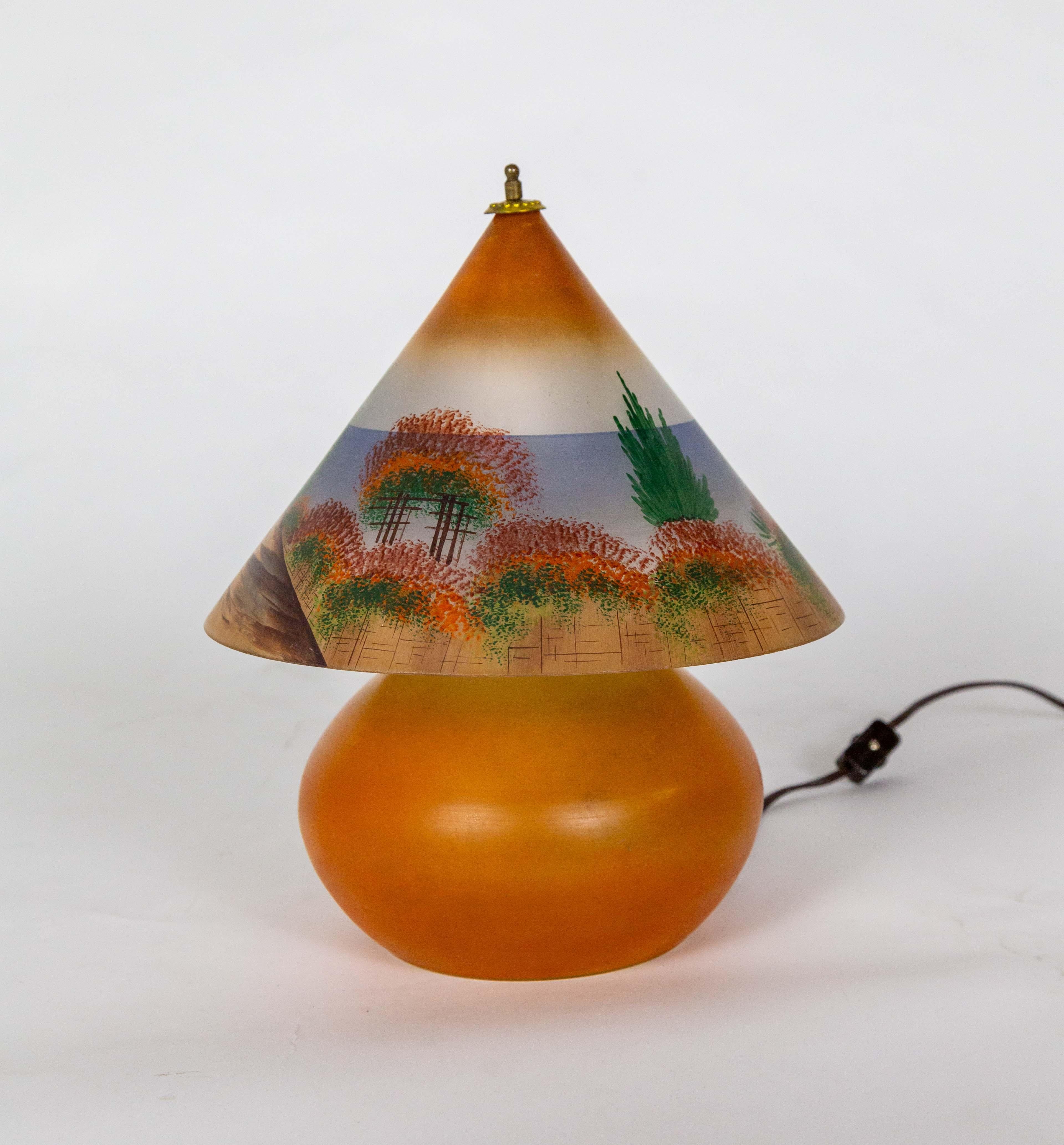 Hand-painted Czechoslovakian Glass Arts & Crafts Lamp In Good Condition For Sale In San Francisco, CA