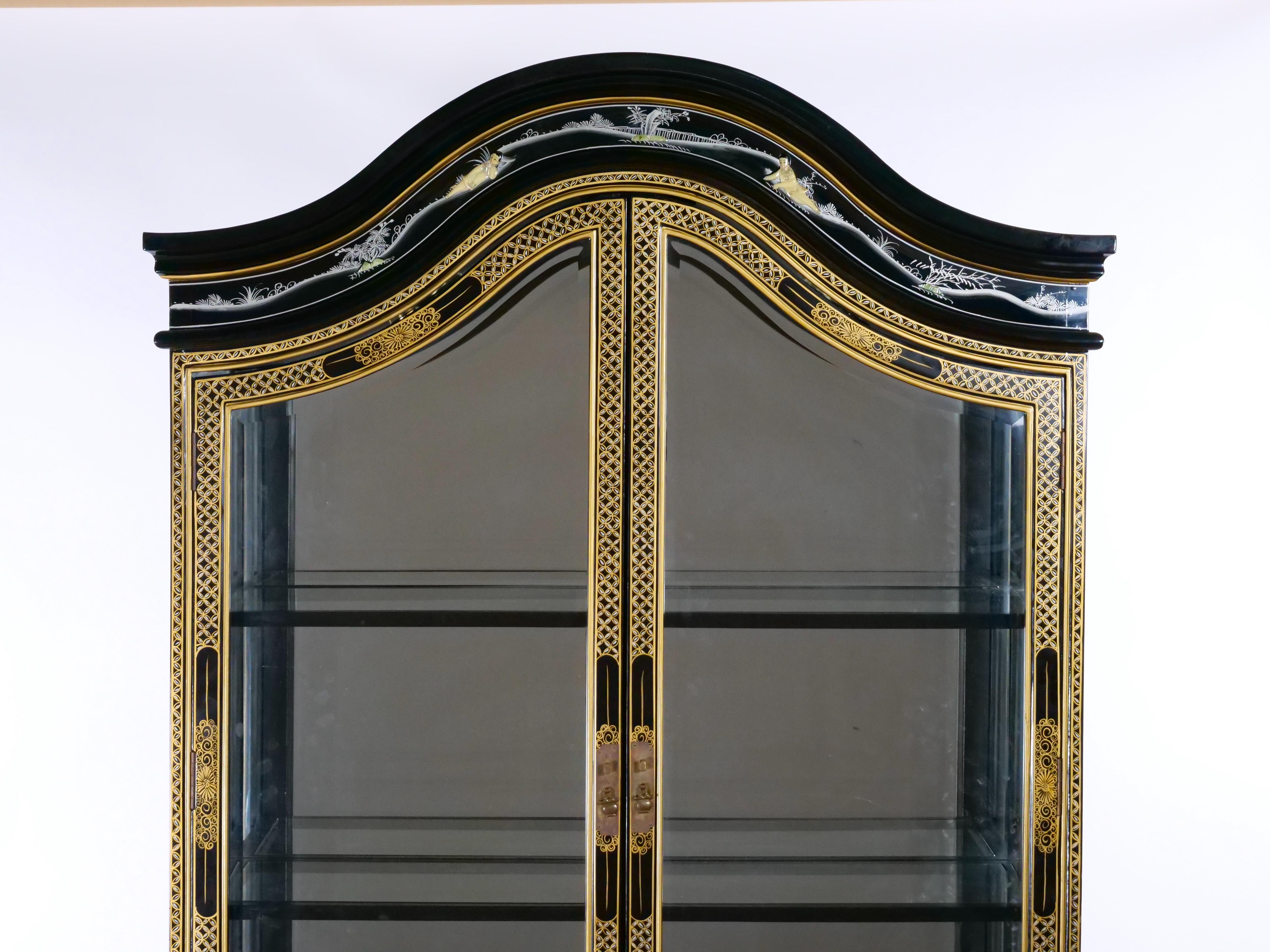 Glass Hand Painted & Decorated Black Lacquer / Giltwood China Cabinet  For Sale