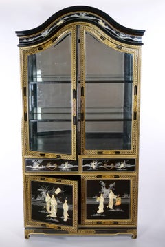 Hand Painted & Decorated Black Lacquer / Giltwood China Cabinet