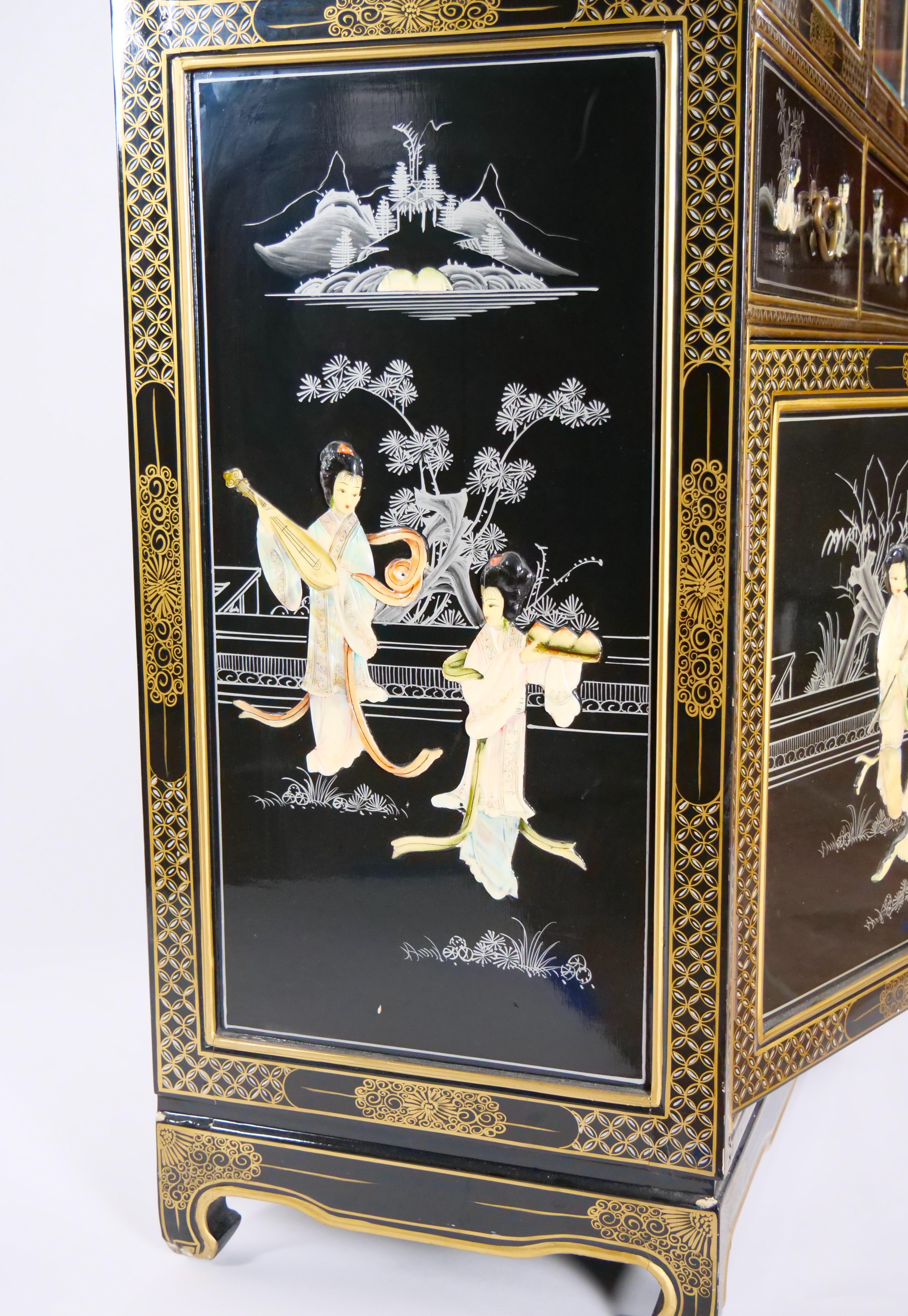 Hand-Carved Hand Painted & Decorated Black Lacquer / Giltwood China Cabinet  For Sale