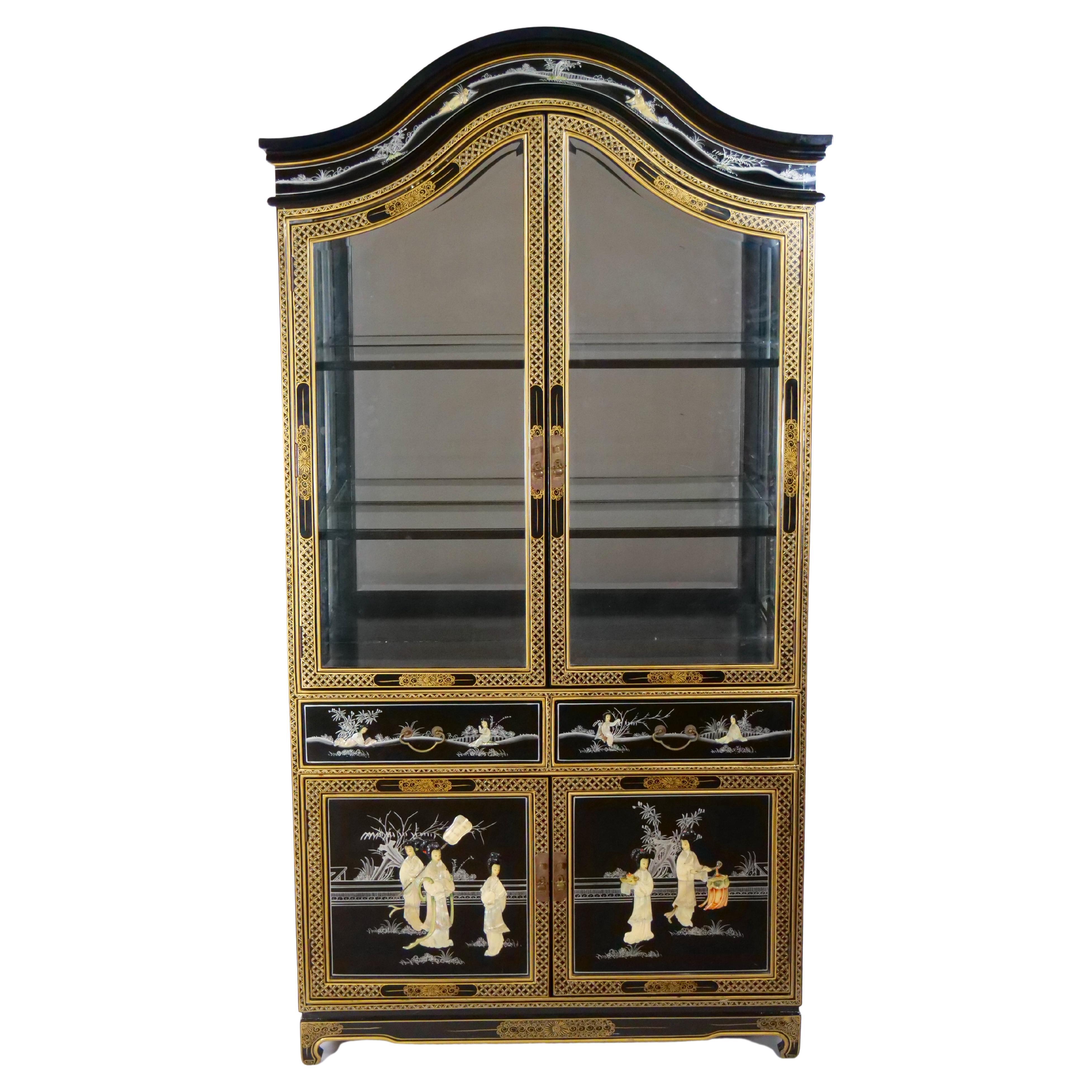 Hand Painted & Decorated Black Lacquer / Giltwood China Cabinet  For Sale