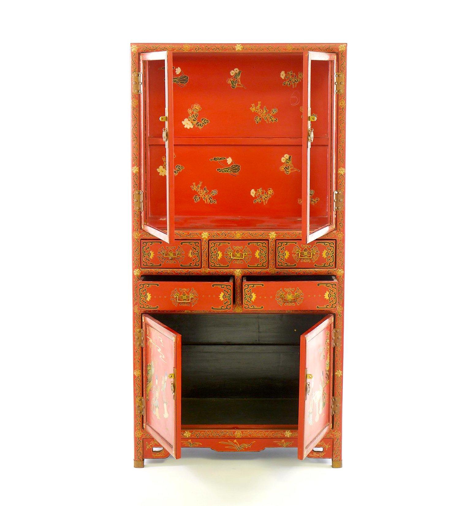 Armario Pintado a Mano / Decorado Escena Chinoiserie Lacado Rojo en venta 4