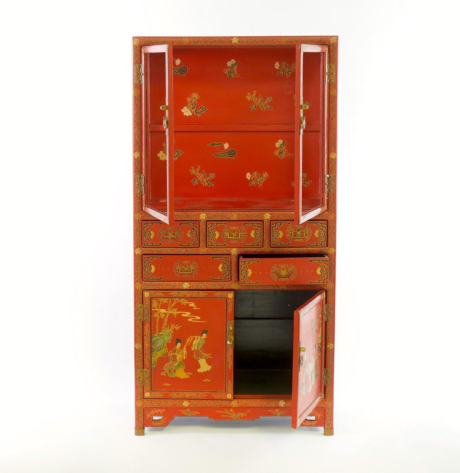 Armario Pintado a Mano / Decorado Escena Chinoiserie Lacado Rojo en venta 5
