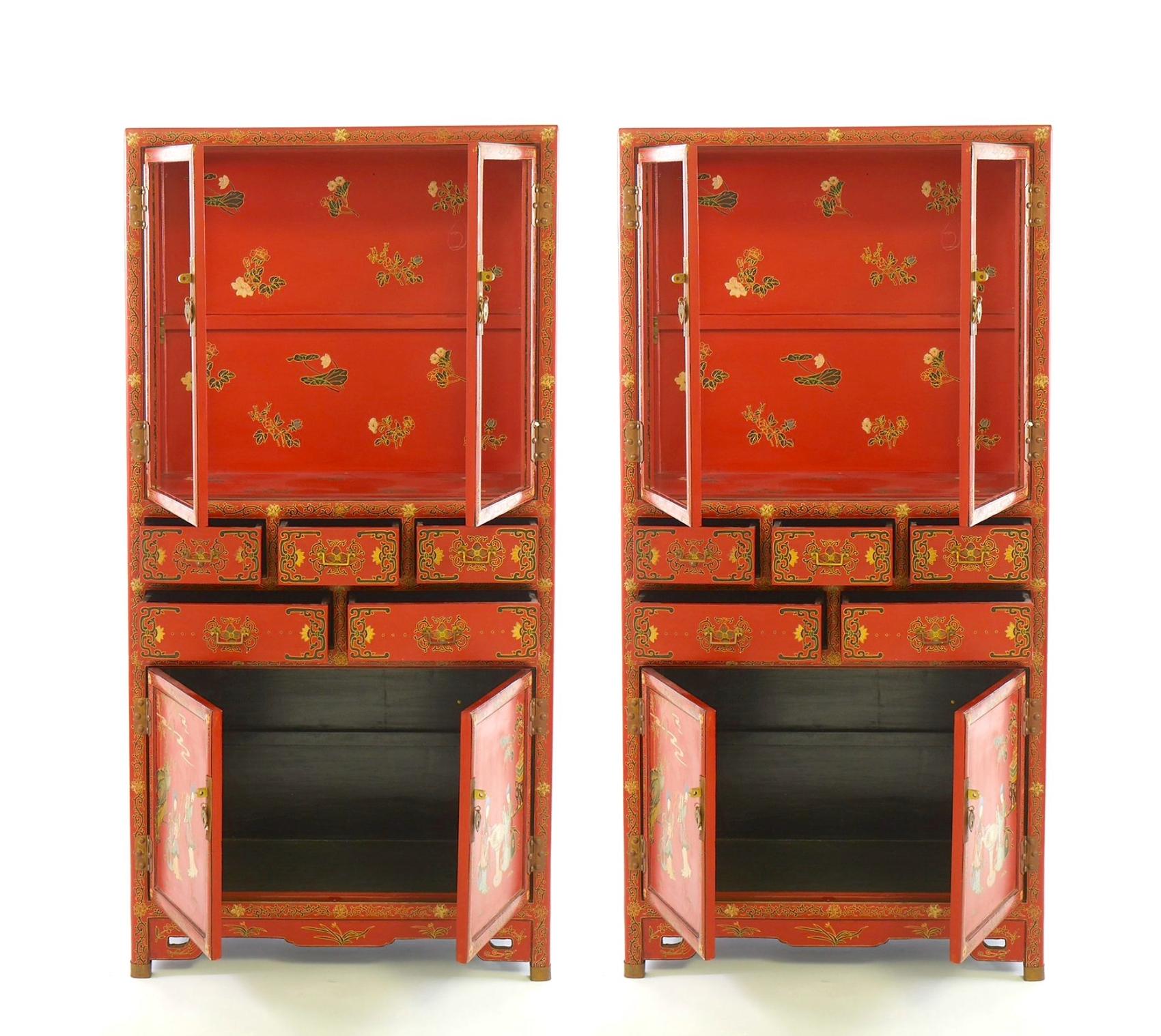 Armario Pintado a Mano / Decorado Escena Chinoiserie Lacado Rojo en venta 7