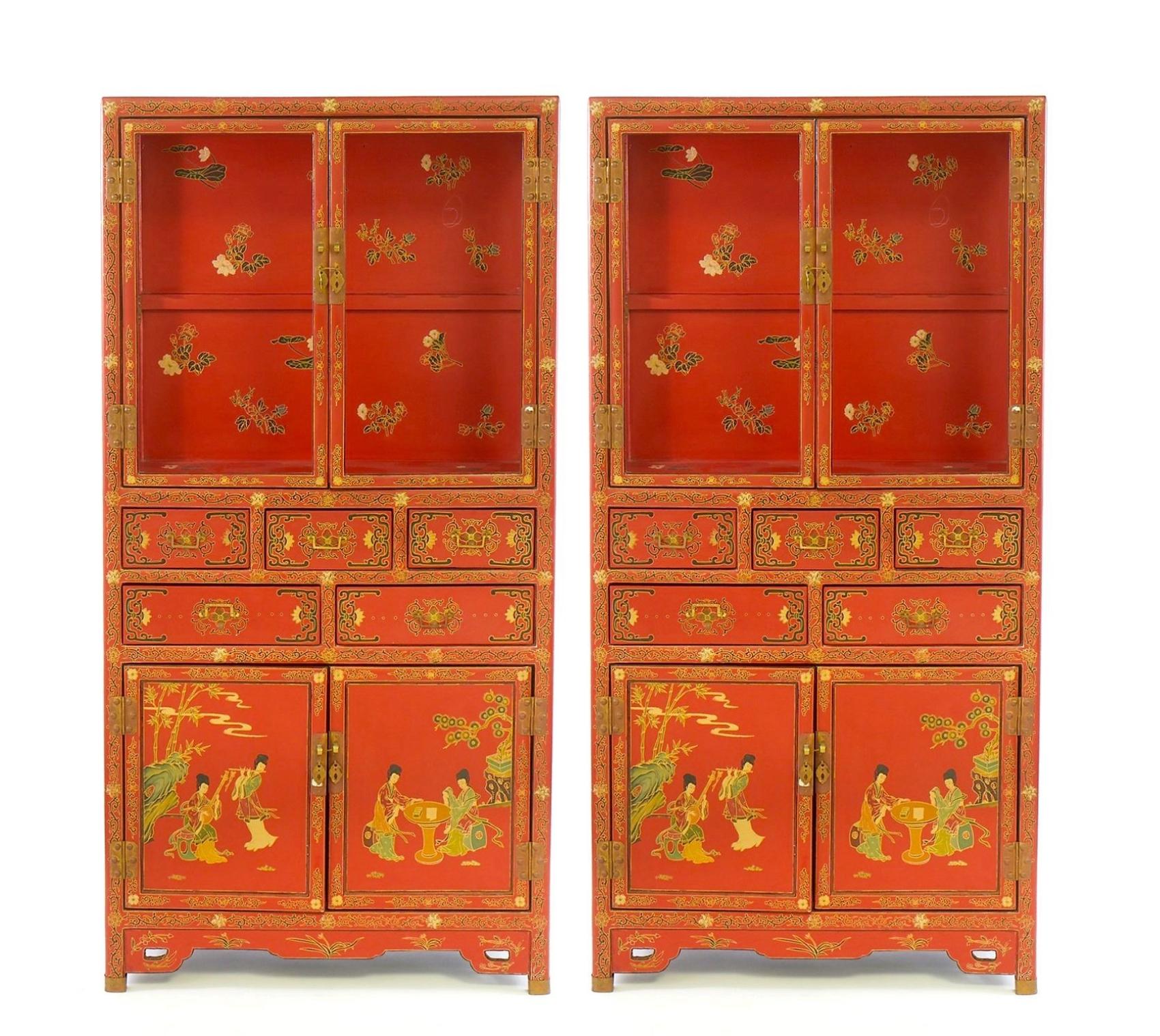 Armario Pintado a Mano / Decorado Escena Chinoiserie Lacado Rojo en venta 8
