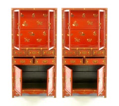 Hand Painted / Decorated Chinoiserie Scene Red Lacquered Cabinet
