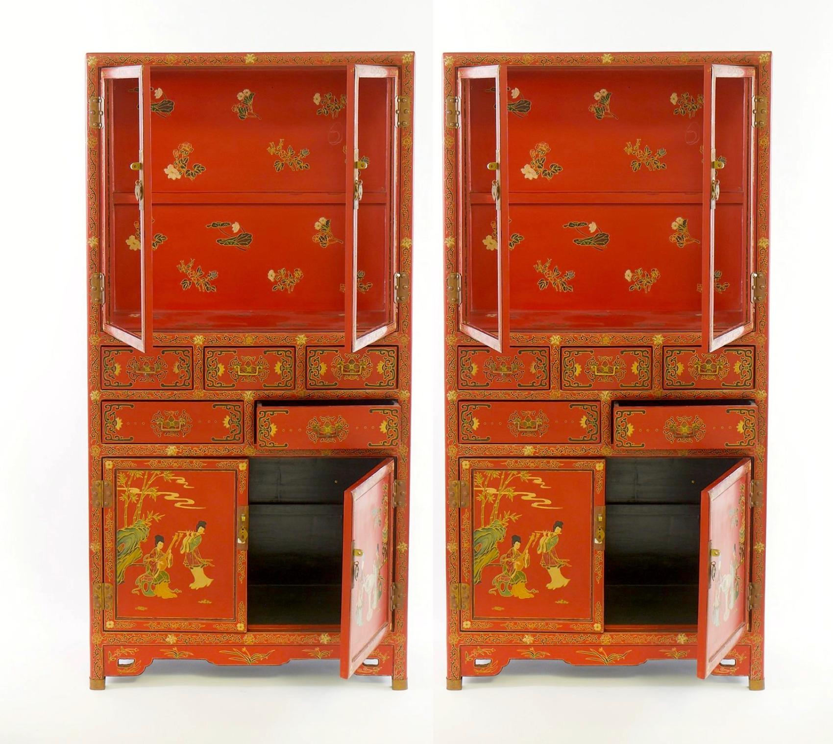 Armario Pintado a Mano / Decorado Escena Chinoiserie Lacado Rojo Asiático en venta