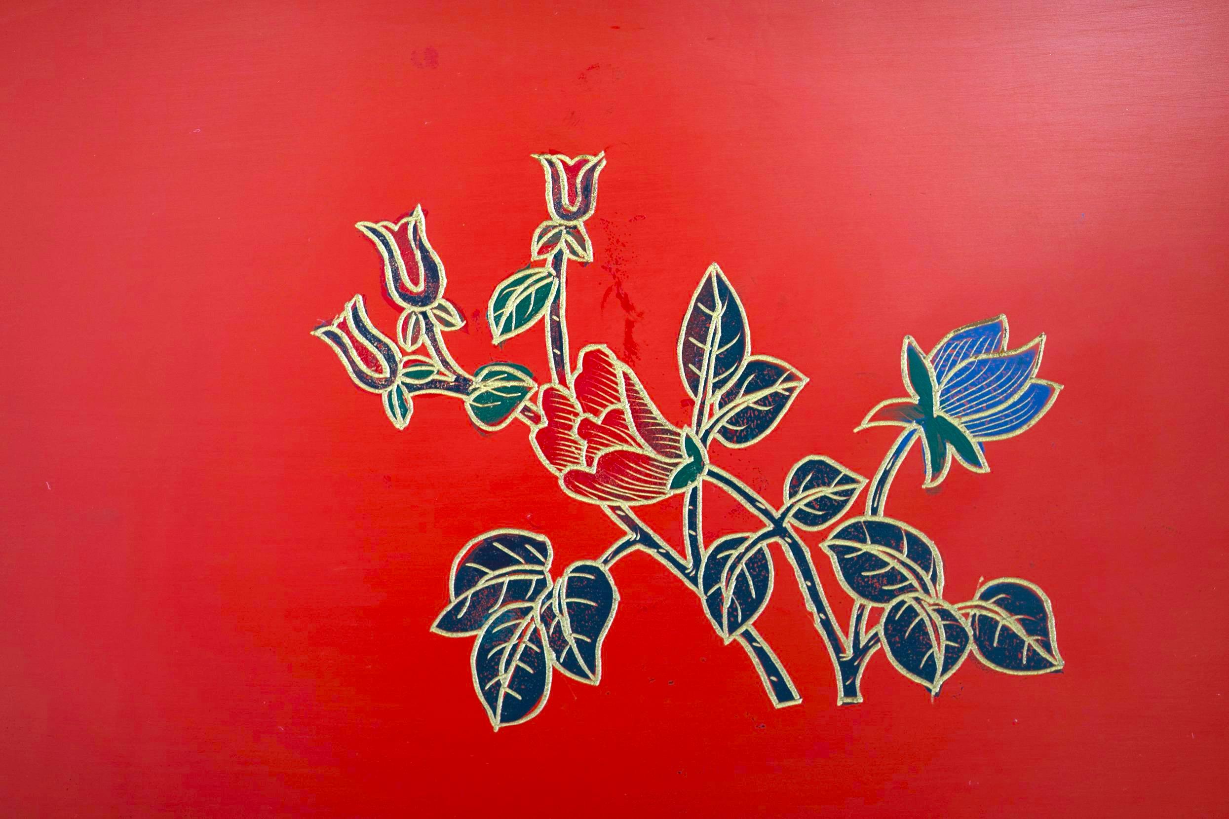 Armario Pintado a Mano / Decorado Escena Chinoiserie Lacado Rojo en venta 1