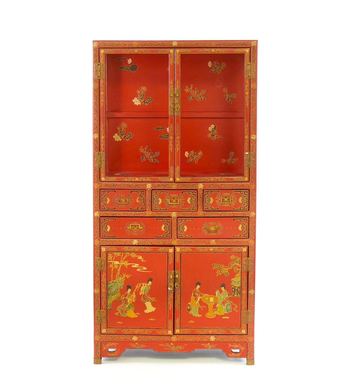 Armario Pintado a Mano / Decorado Escena Chinoiserie Lacado Rojo en venta 2