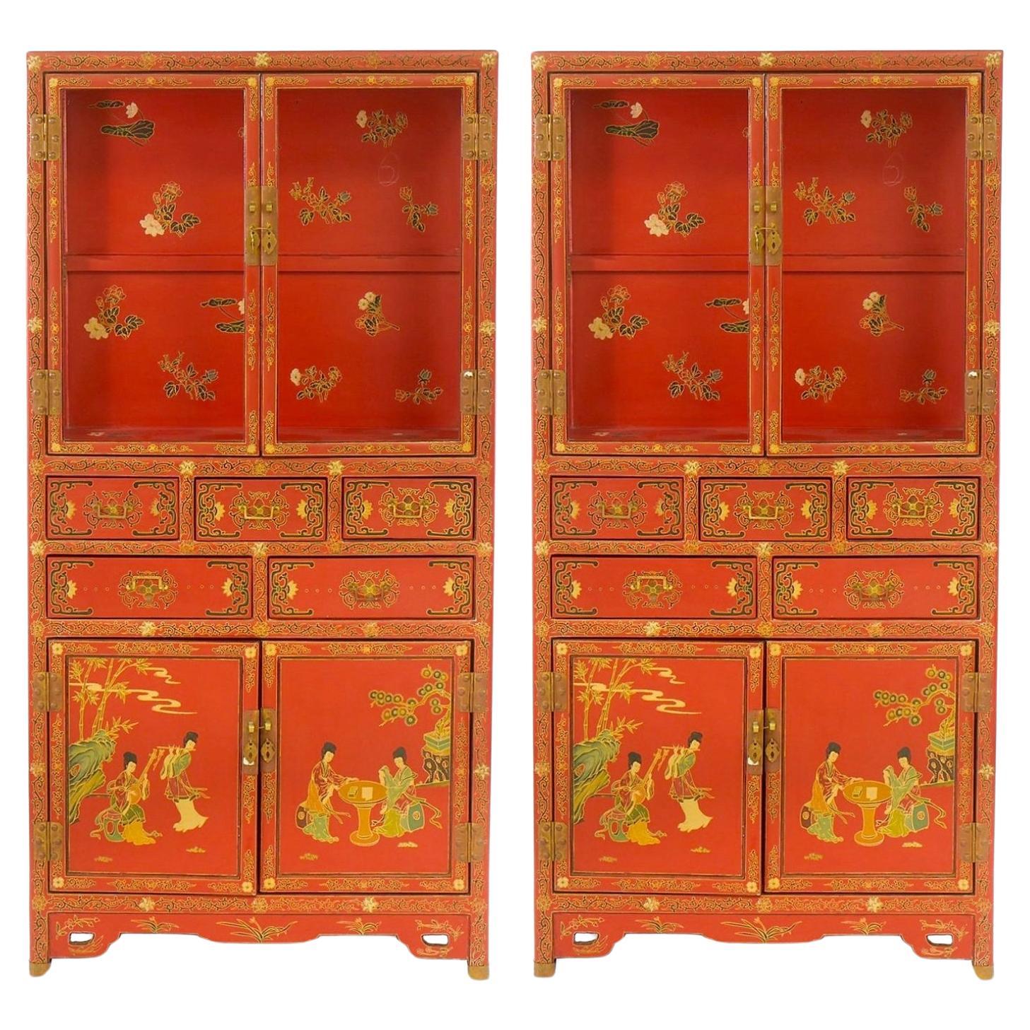 Hand Painted / Decorated Chinoiserie Scene Red Lacquered Cabinet