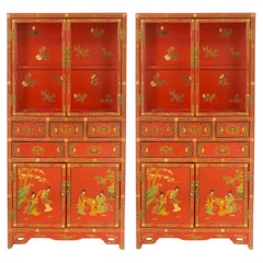Hand Painted / Decorated Chinoiserie Scene Red Lacquered Cabinet