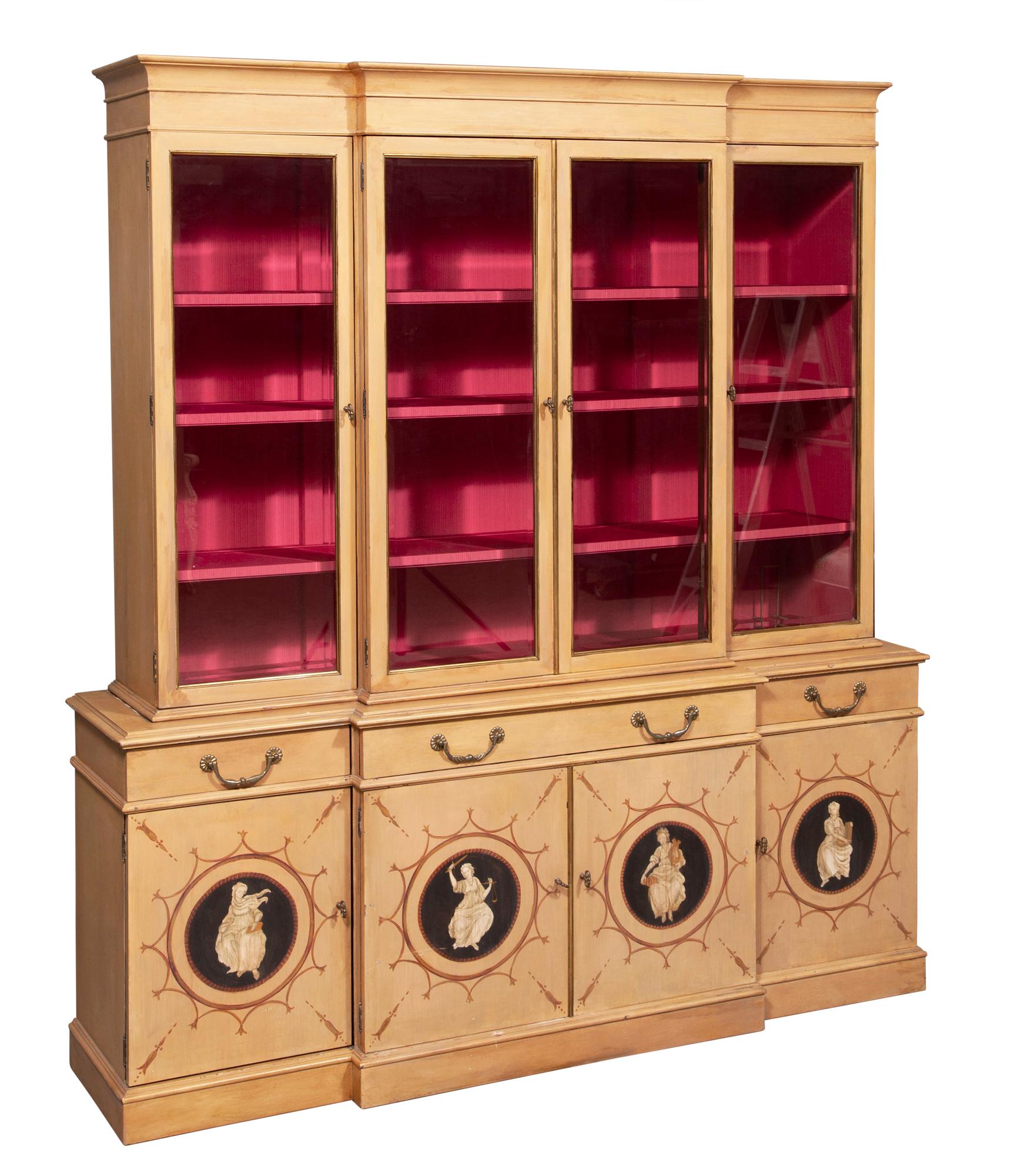 Introducing our exquisite 19th-century Neoclassical Style Hand-Painted & Decorated Front Breakfront/Secretary Bookcase, a stunning blend of artistry and functionality that adds a touch of timeless elegance to your living space.
This two-part