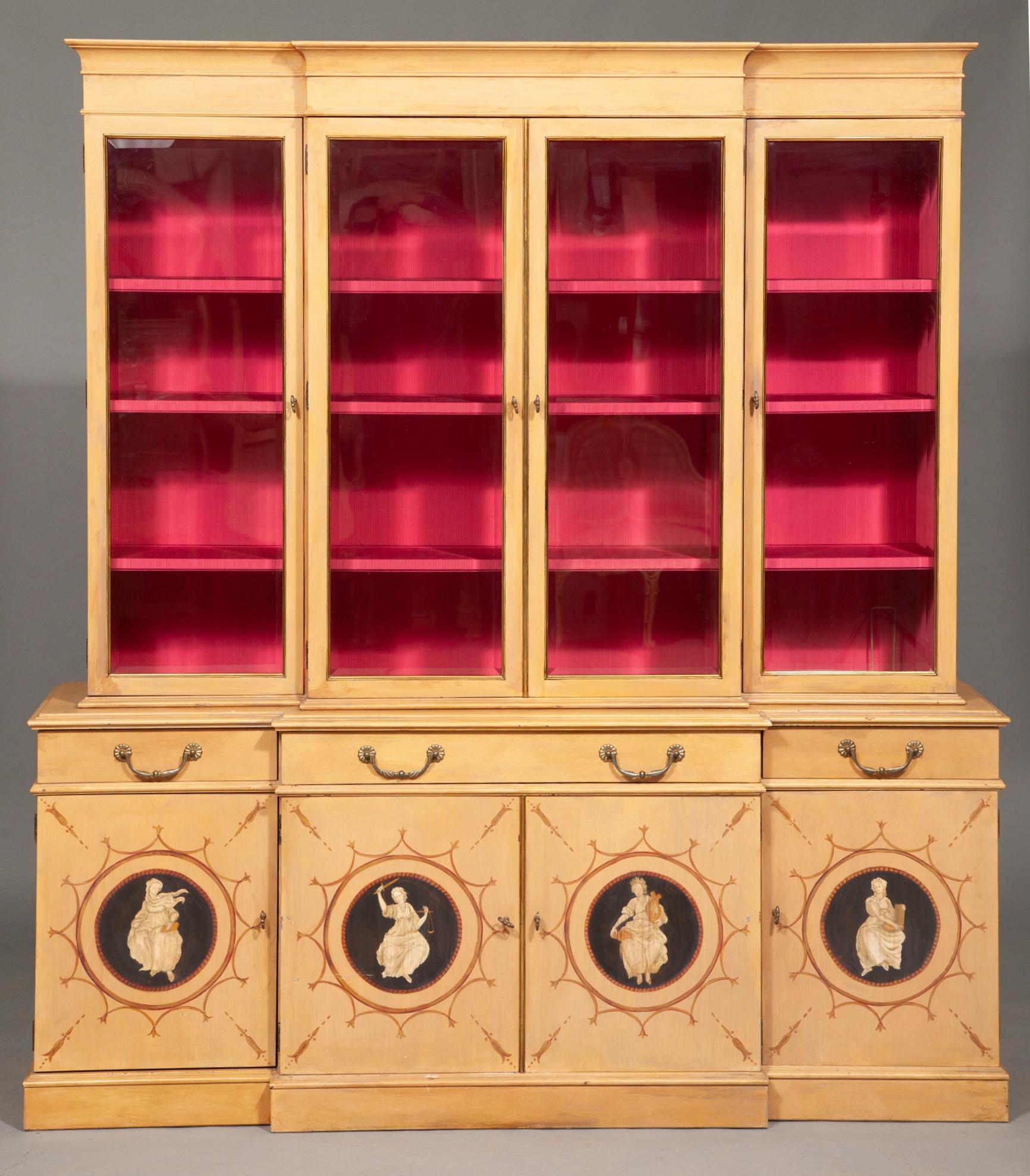 Upholstery Hand-Painted & Decorated Front Neoclassical Style  Breakfront Secretary Bookcase For Sale