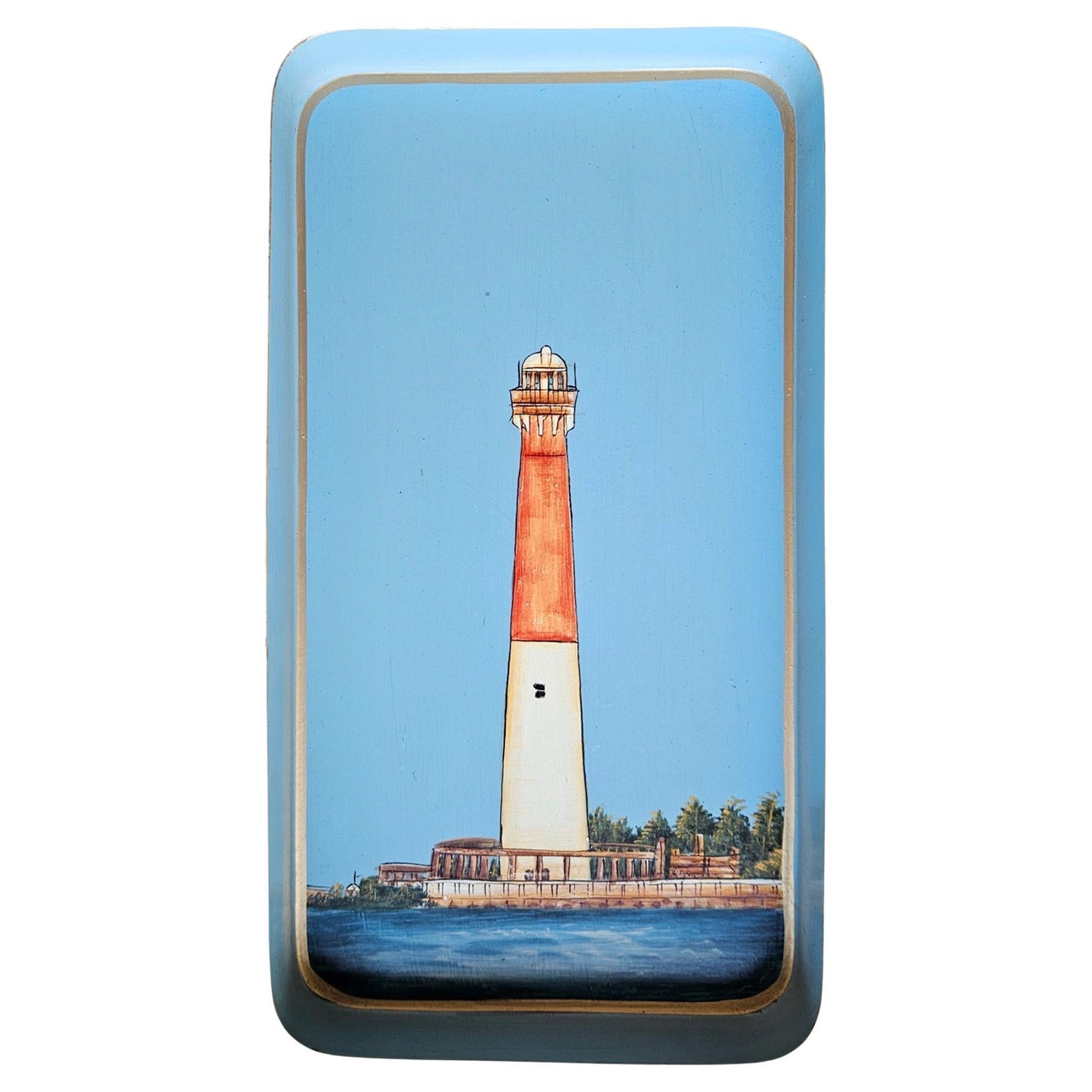 Hand-Painted Decorative Iron Tray - Beach Lighthouse For Sale