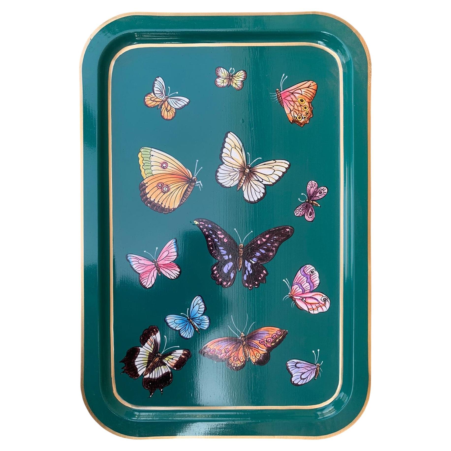 Hand-Painted Decorative Iron Tray - Butterflies