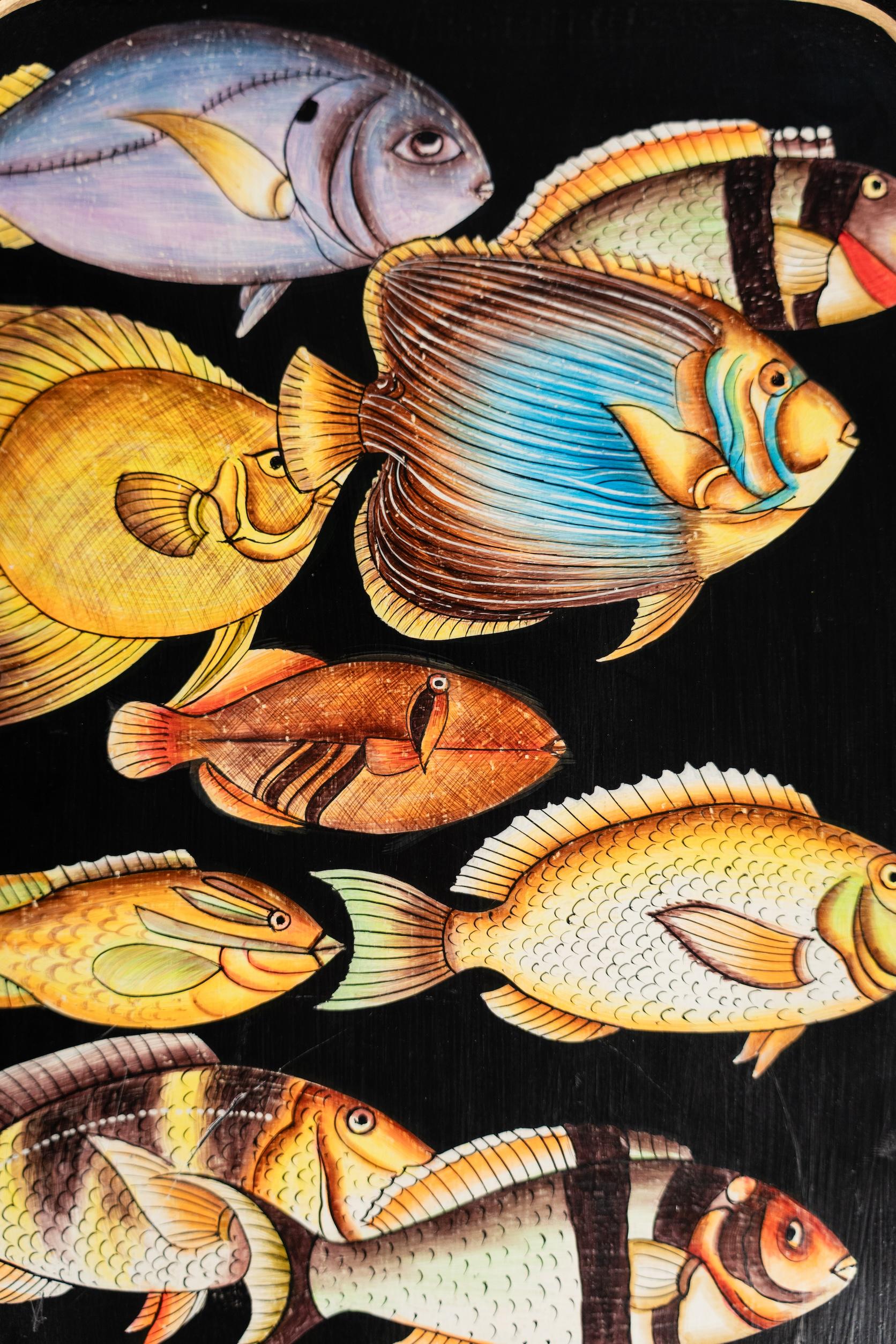 Modern Hand-Painted Decorative Iron Tray - Fish For Sale