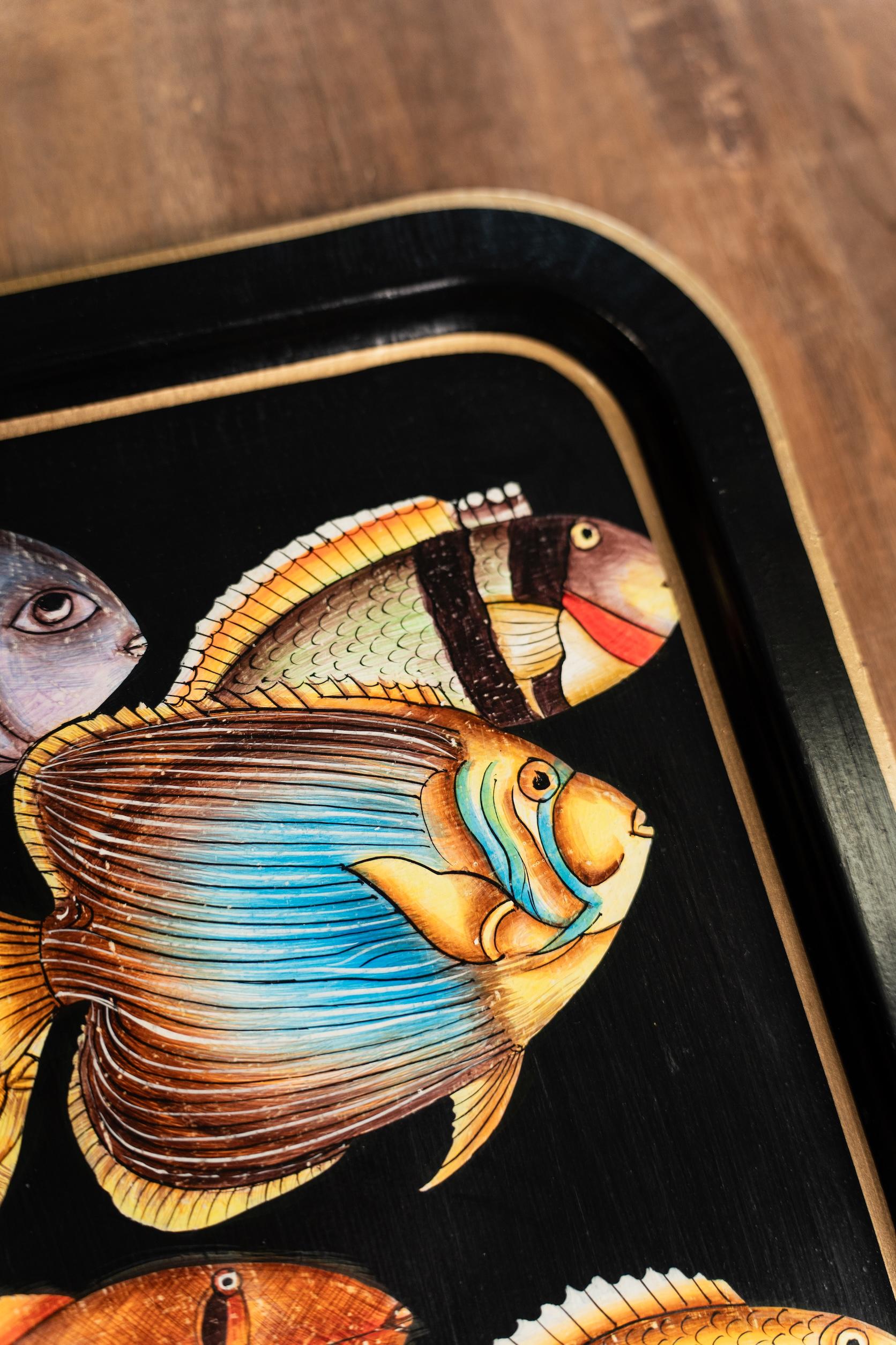 Indian Hand-Painted Decorative Iron Tray - Fish For Sale