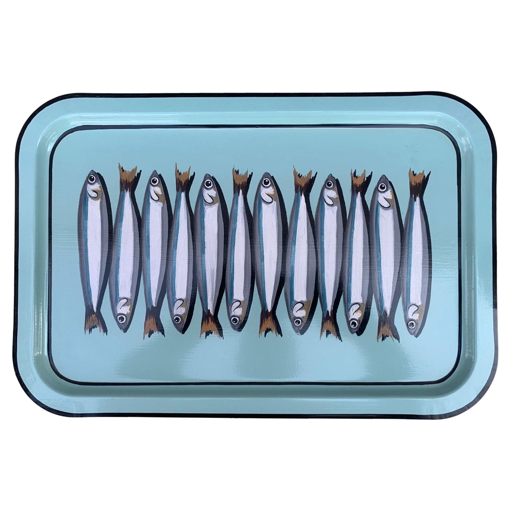 Hand-Painted Decorative Iron Tray - Sardines