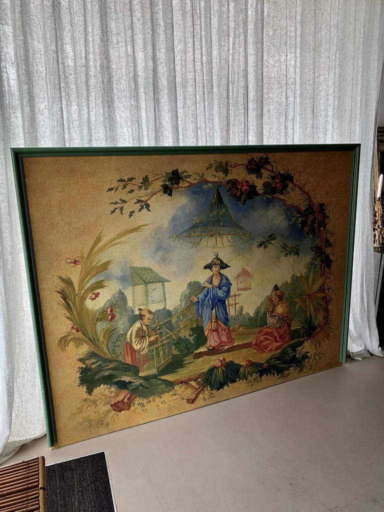 Spectacular vintage hand oil painted panel depicting a Chinese outdoor scenery with a man carrying a bird cage over his shoulder, a fanning man sitting down and a boy letting a bird out of its cage. All three surrounded by tree branches, leafs,