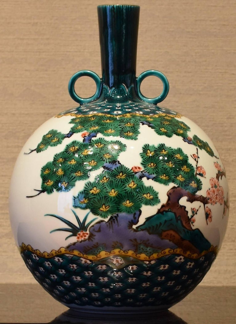 Japanese Kutani HandPainted Green Porcelain Vase by Master Artist For