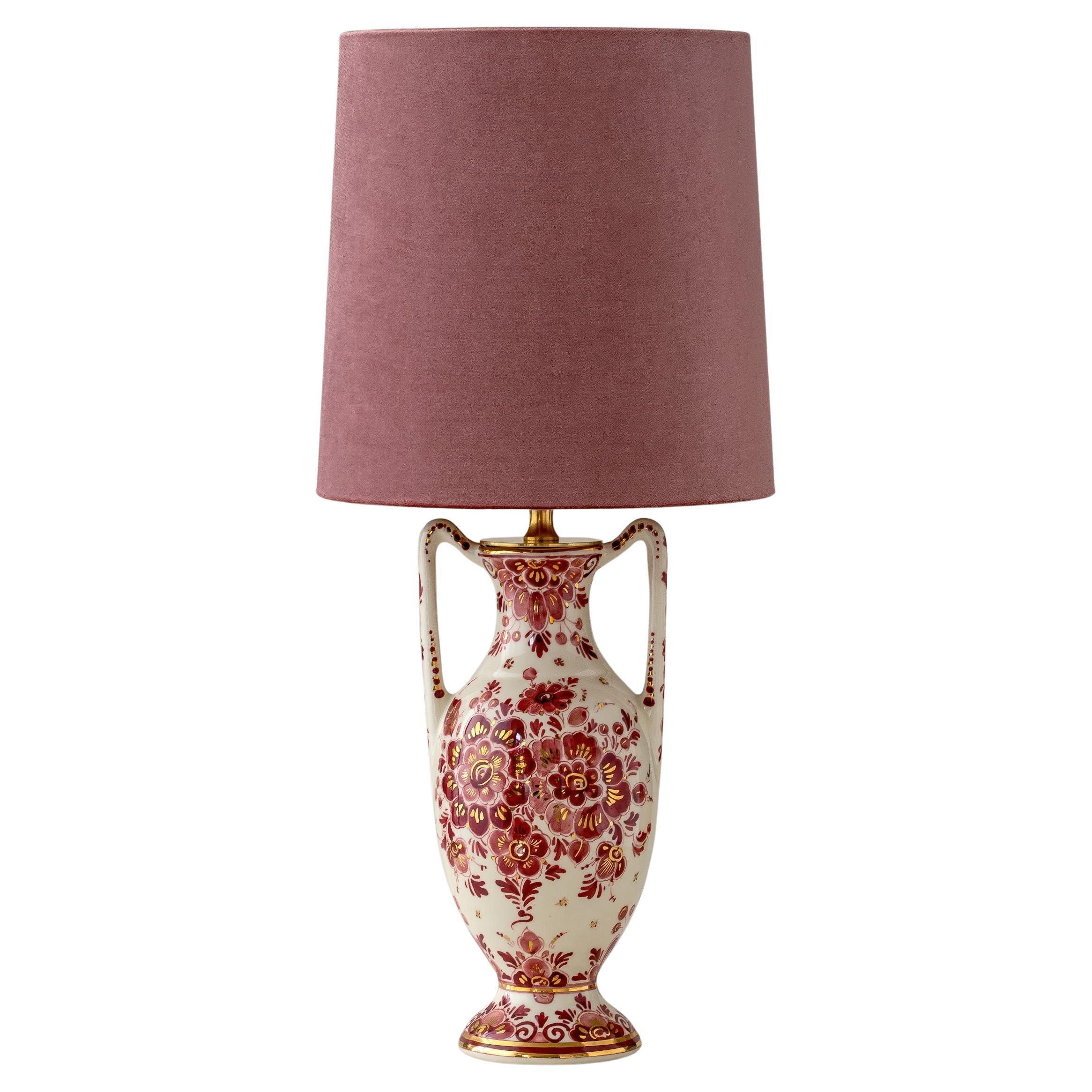 Hand-Painted Delft Red Amphora Table Lamp with Old Rose Velvet Shade For Sale