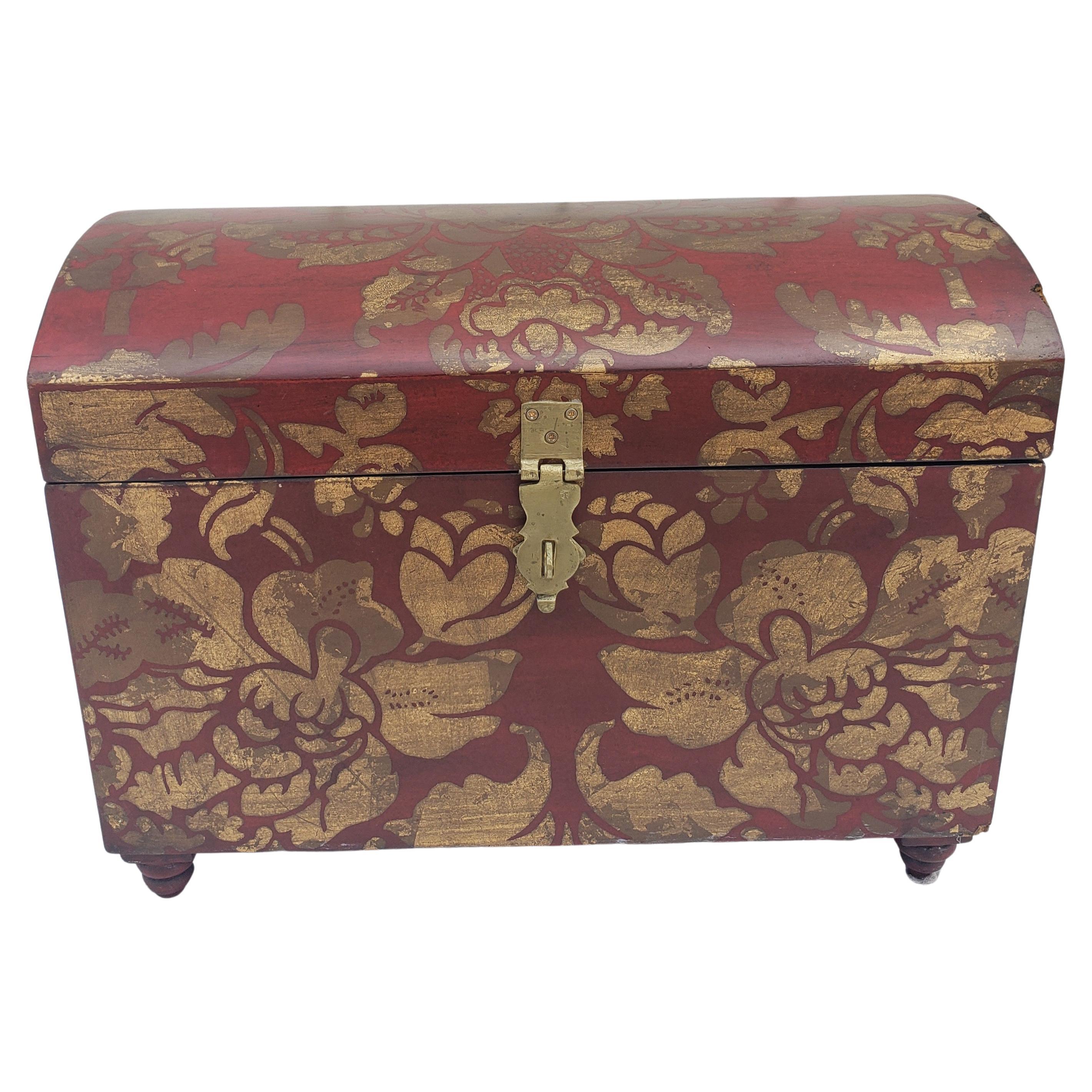 Hand-Painted Dome Top Wood and Brass Decorative Chest