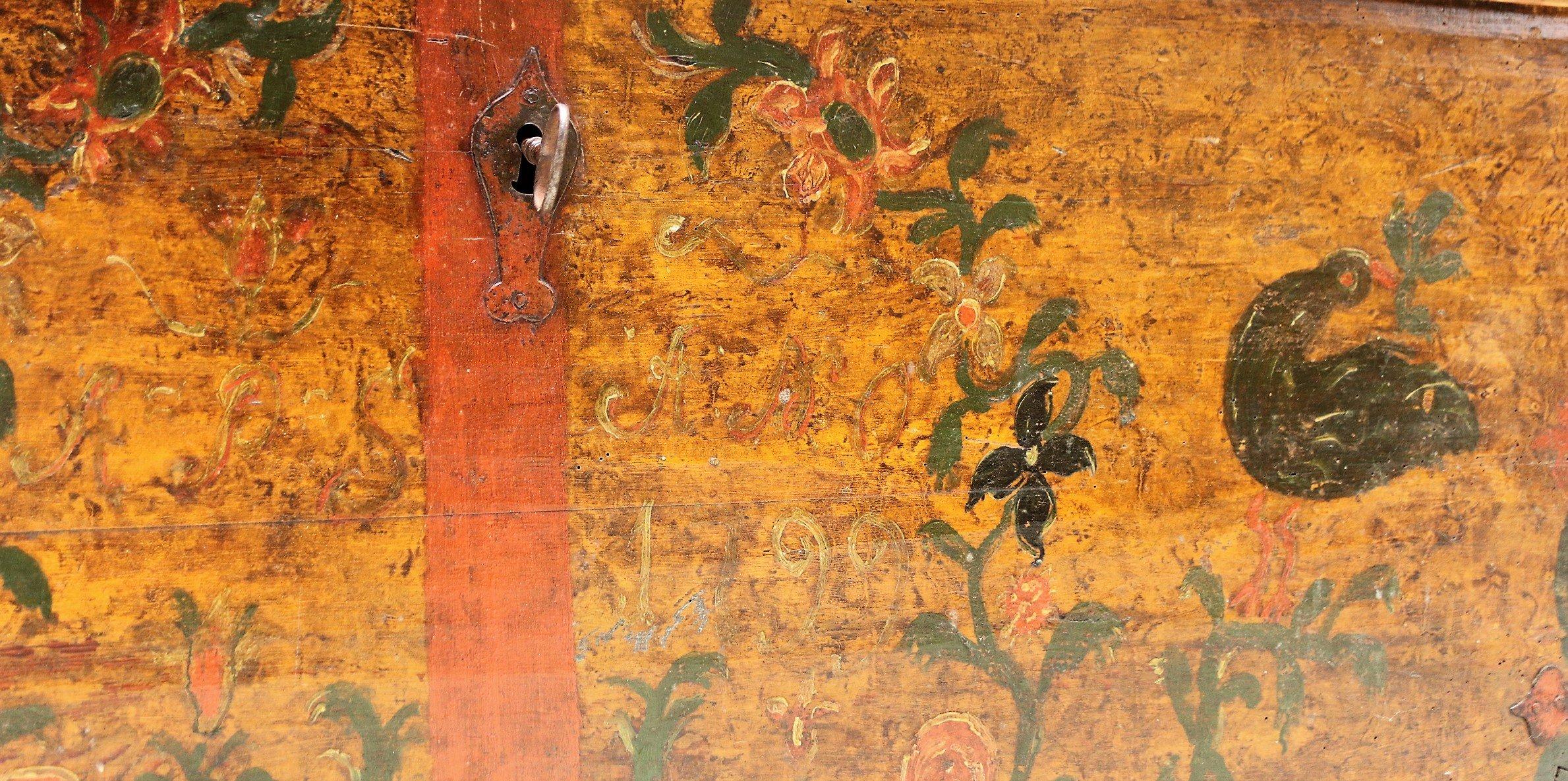 This 18th century treasure immediately imbues your home with a sense of history and wonder. You guys. It's from the 1700s! Old-world charm meets convenient storage in this fascinating folklore truck. Hand-painted with initials and the date of 1799,