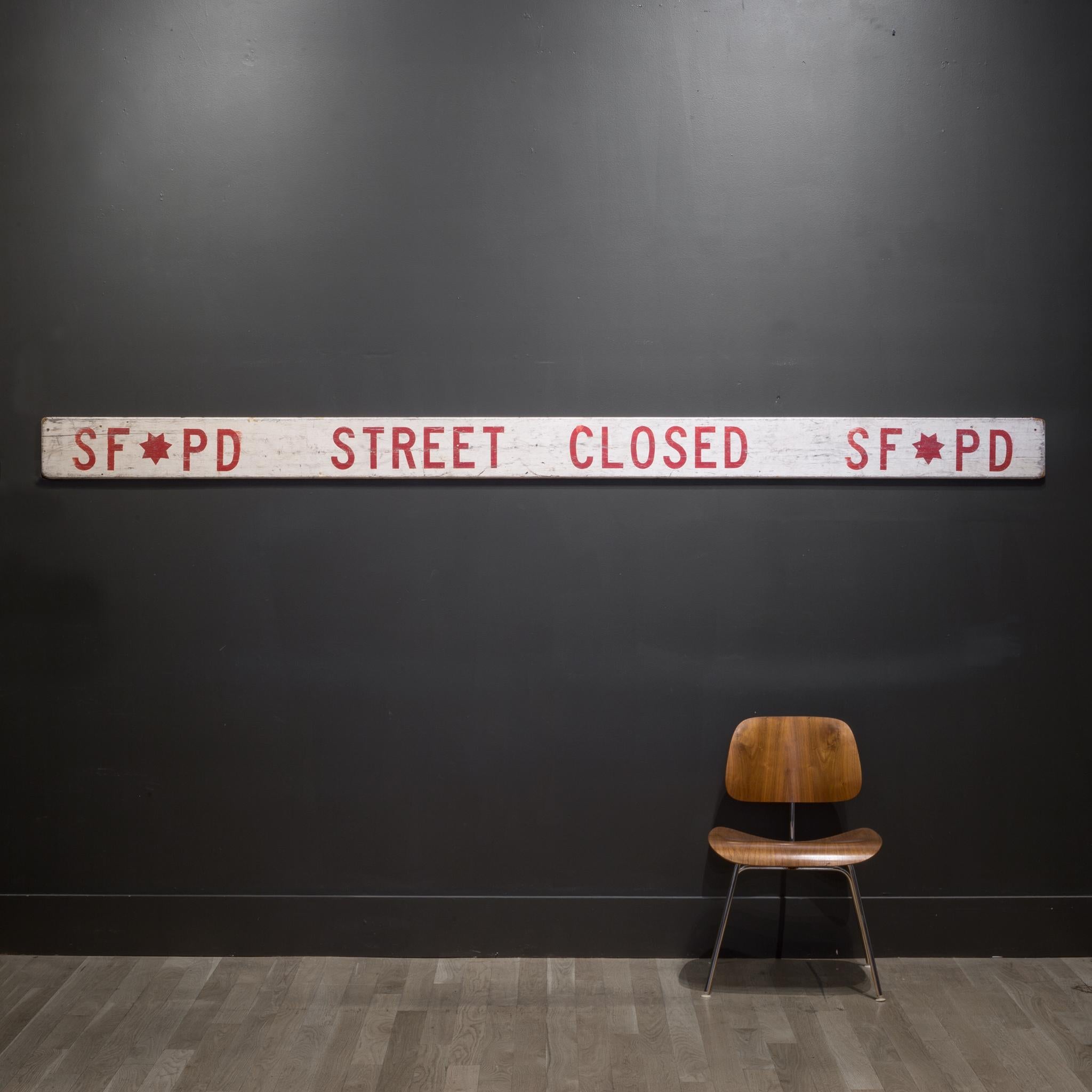 About

This is an original large, hand painted wooden San Francisco Police Department street closed sign. The sign is double sided and shows some wear to the paint consistent with age and use.
Contact us for more shipping options: S16 Home San