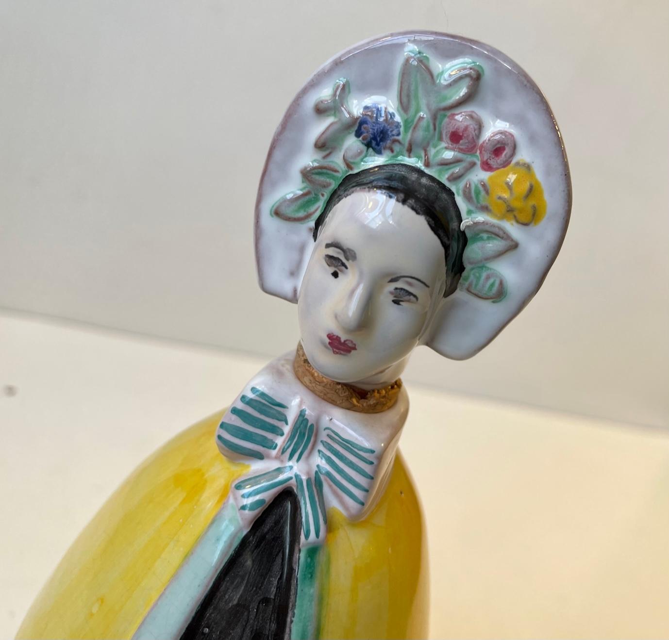 Danish Hand-Painted Dressed Woman Decanter by Johgus Bornholm, 1950s For Sale