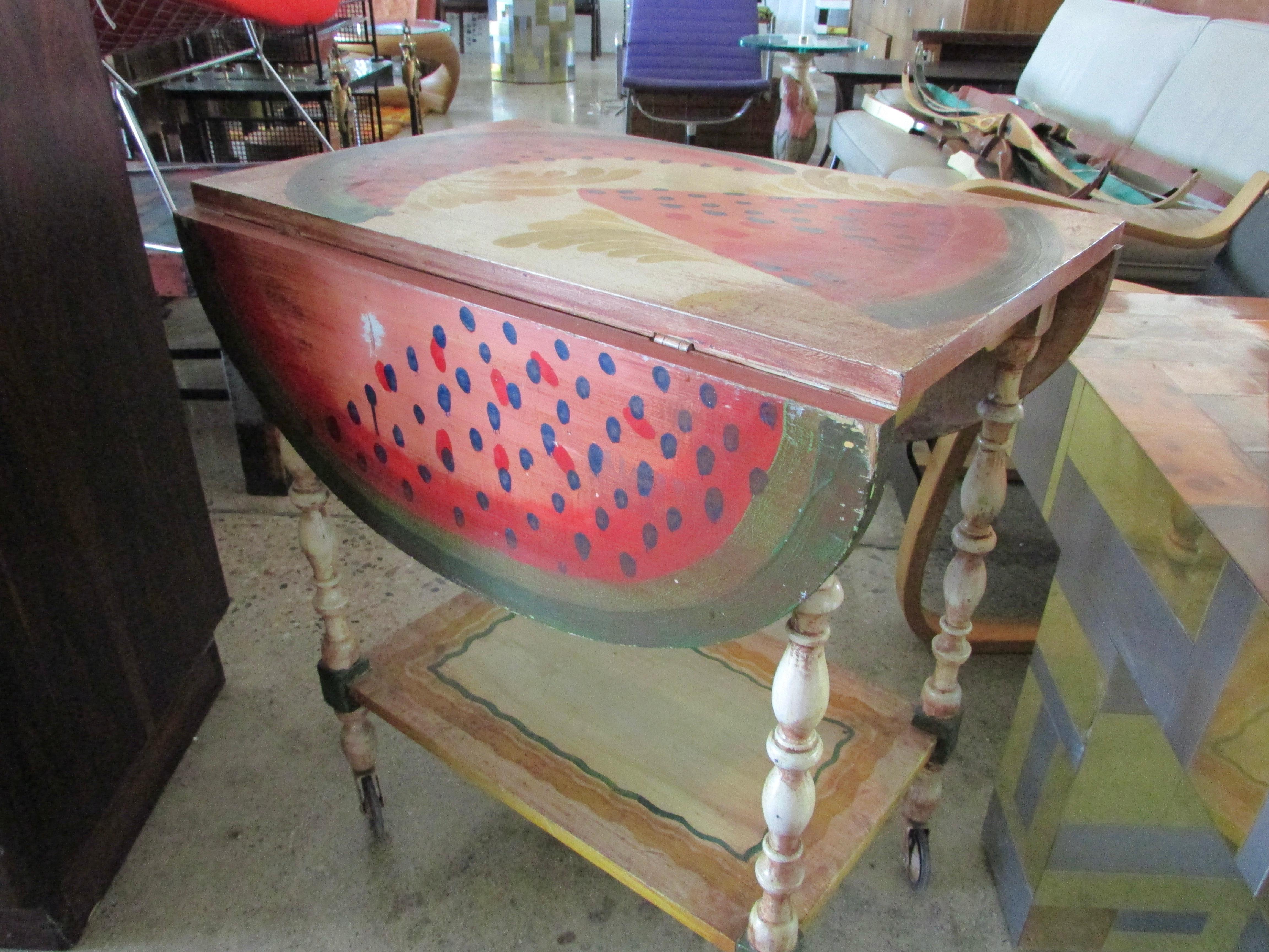 Hand Painted Drop Leaf Serving Table by Peter Hunt Provincetown RI Folk Artist For Sale 7