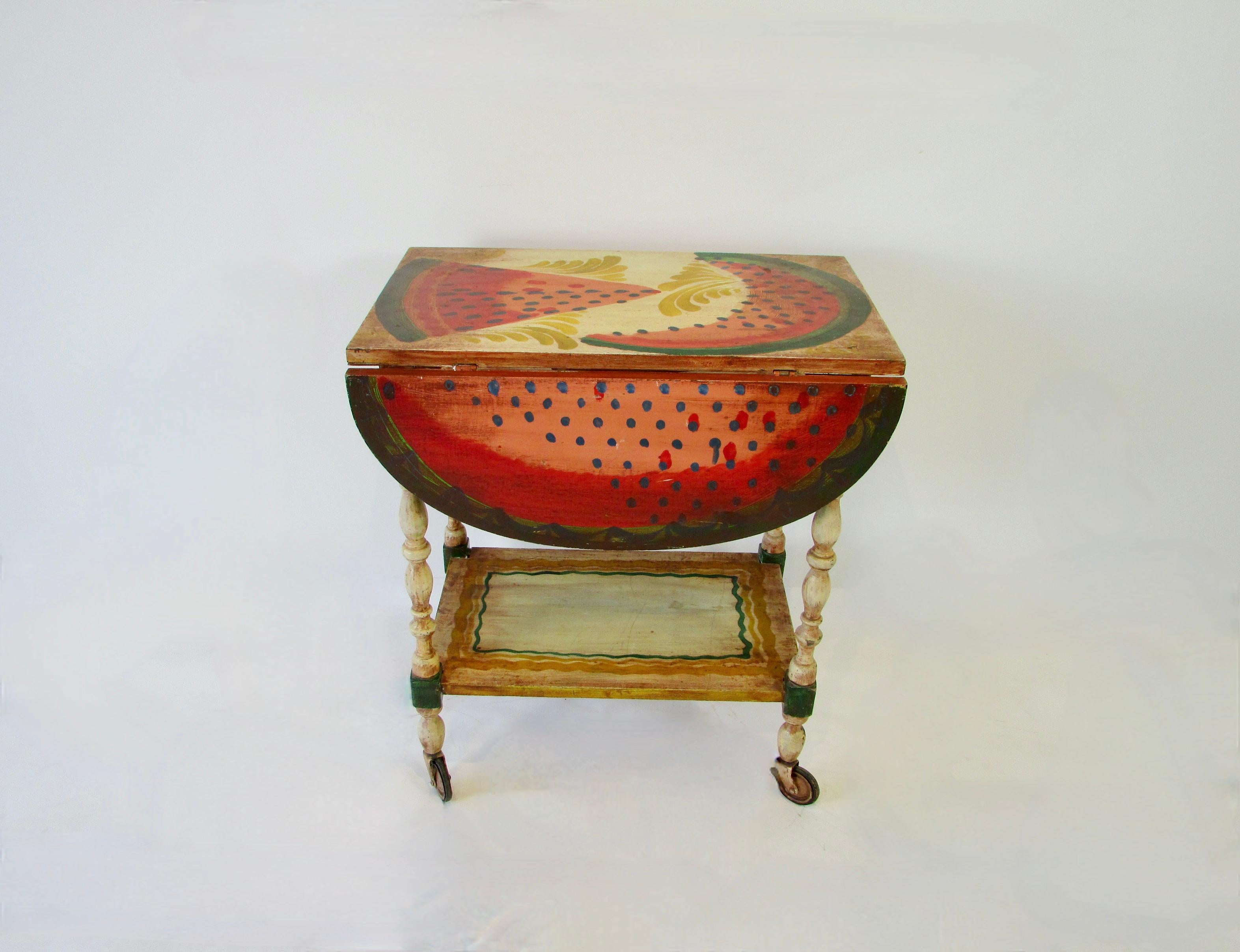 Hand Painted Drop Leaf Serving Table by Peter Hunt Provincetown RI Folk Artist In Good Condition For Sale In Ferndale, MI