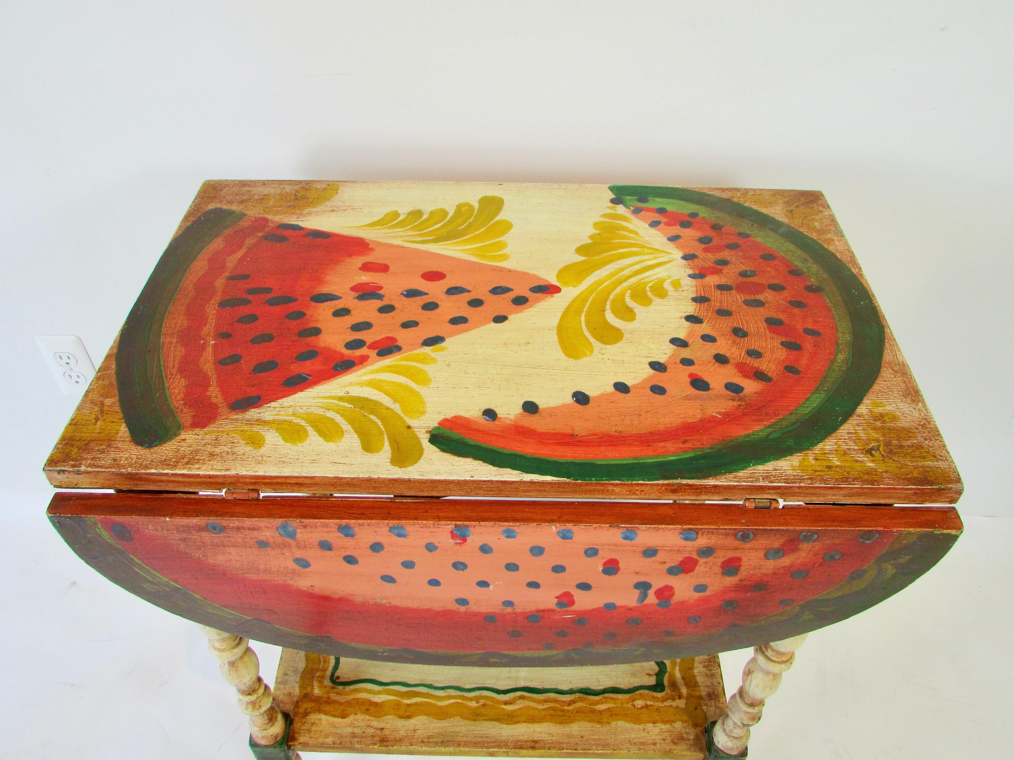 20th Century Hand Painted Drop Leaf Serving Table by Peter Hunt Provincetown RI Folk Artist For Sale