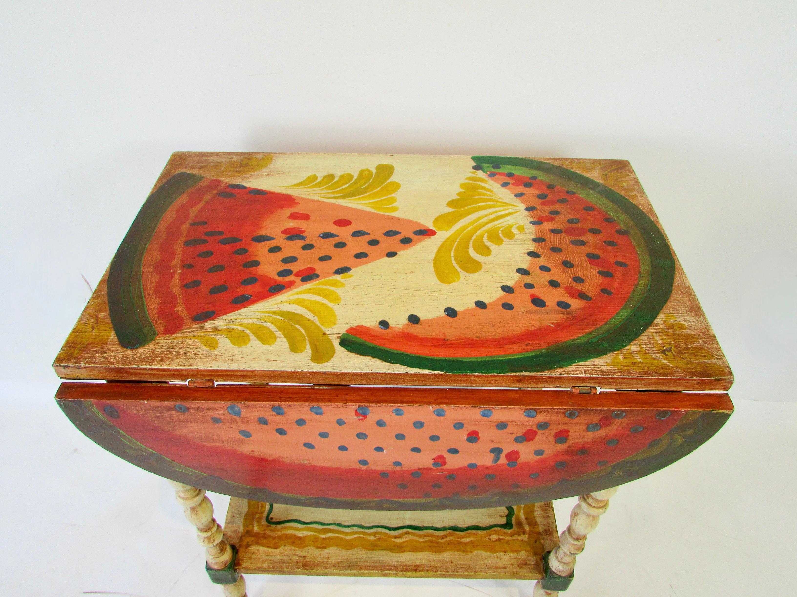 Wood Hand Painted Drop Leaf Serving Table by Peter Hunt Provincetown RI Folk Artist For Sale